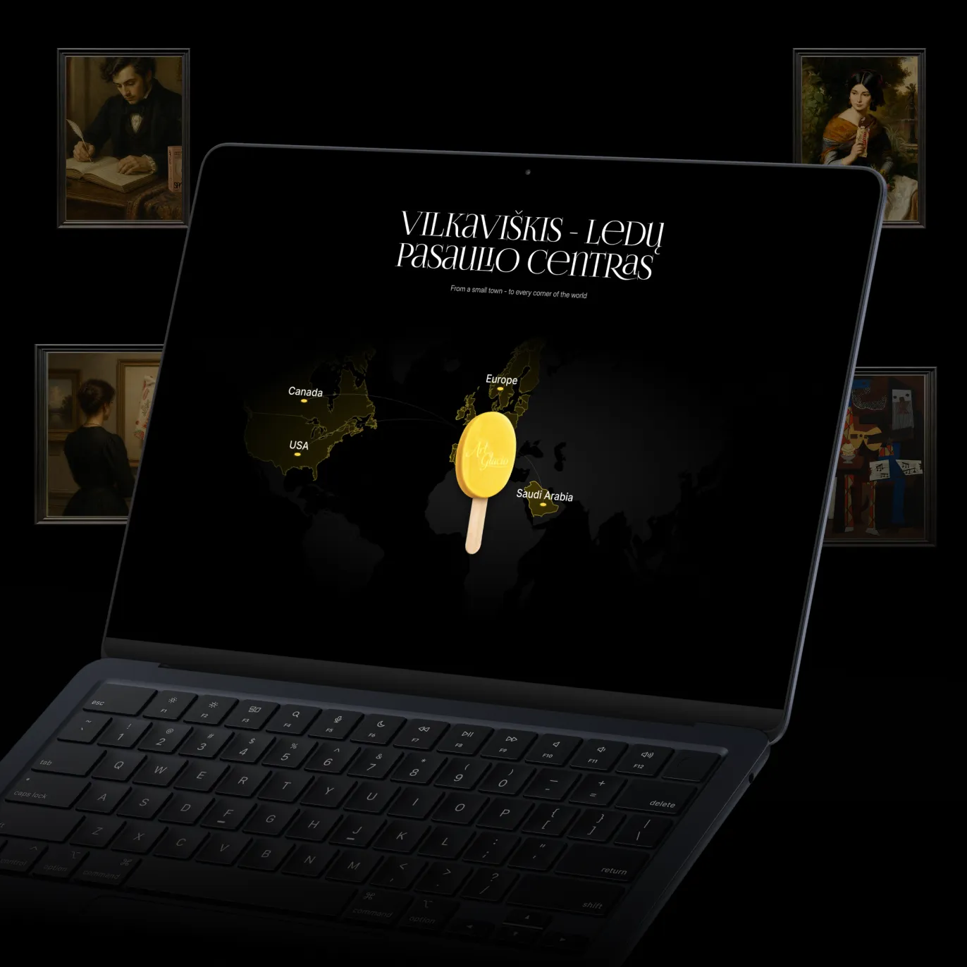 Art Glacio website on a laptop — “Vilkaviškis – ledu pasaulio centras” with a world map, surrounded by framed classical portraits