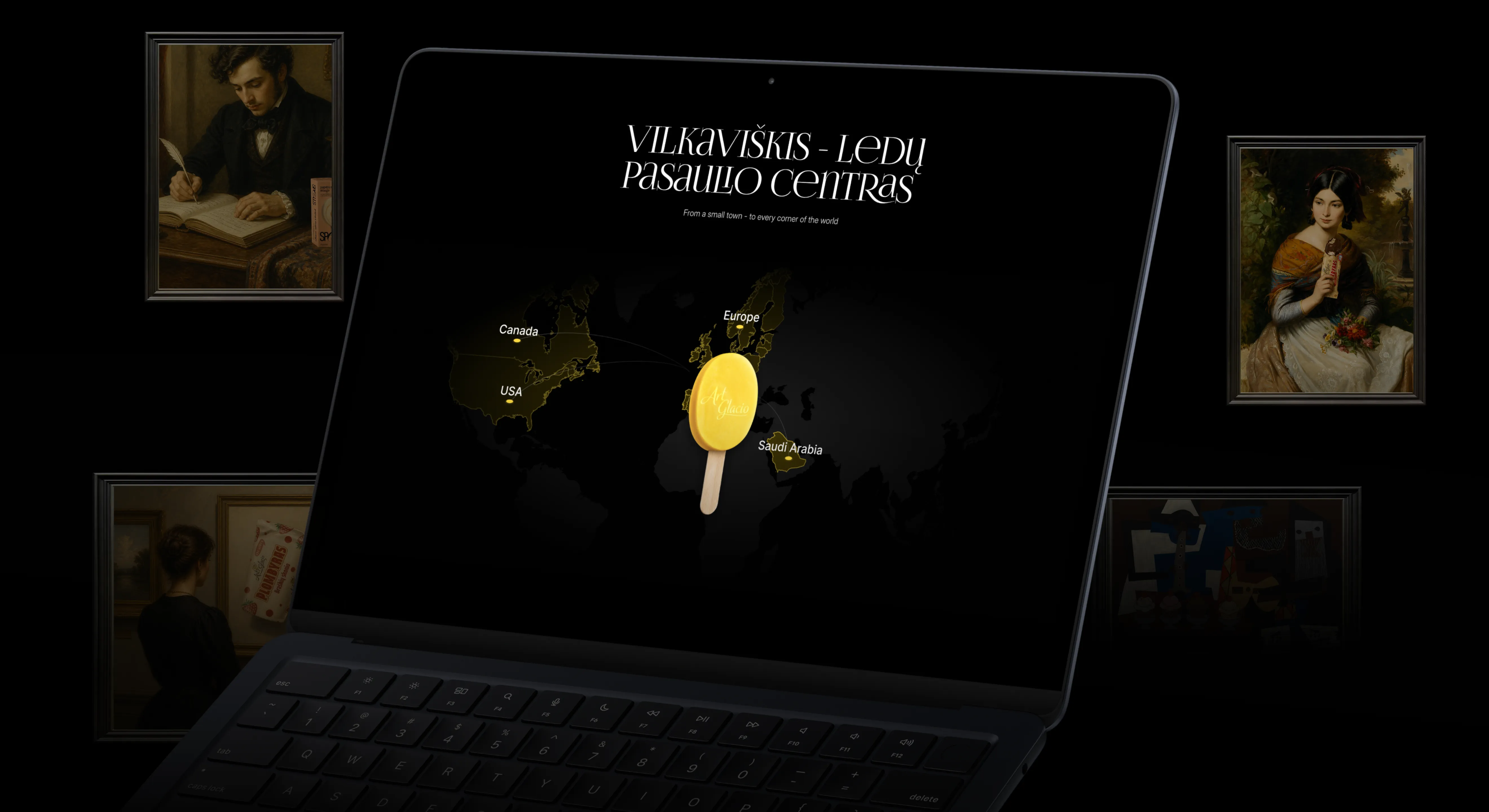 Art Glacio website on a laptop — “Vilkaviškis – ledu pasaulio centras” with a world map, surrounded by framed classical portraits
