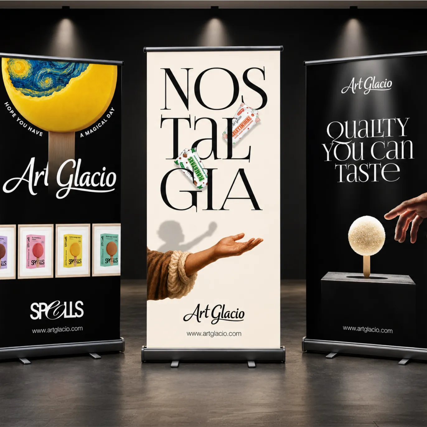 Three Art Glacio roll-up banners — “Spells”, “Nostalgia” and “Quality you can taste”, with www.artglacio.com