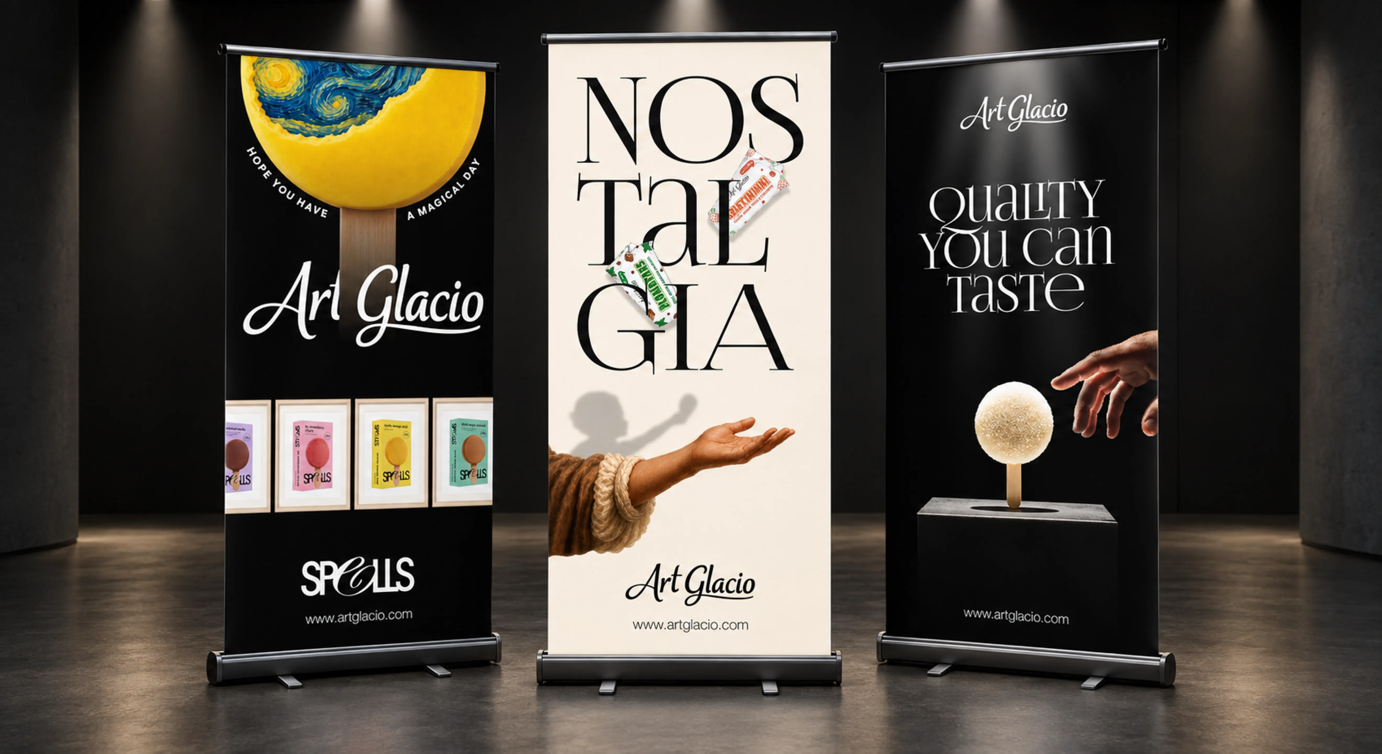 Three Art Glacio roll-up banners — “Spells”, “Nostalgia” and “Quality you can taste”, with www.artglacio.com