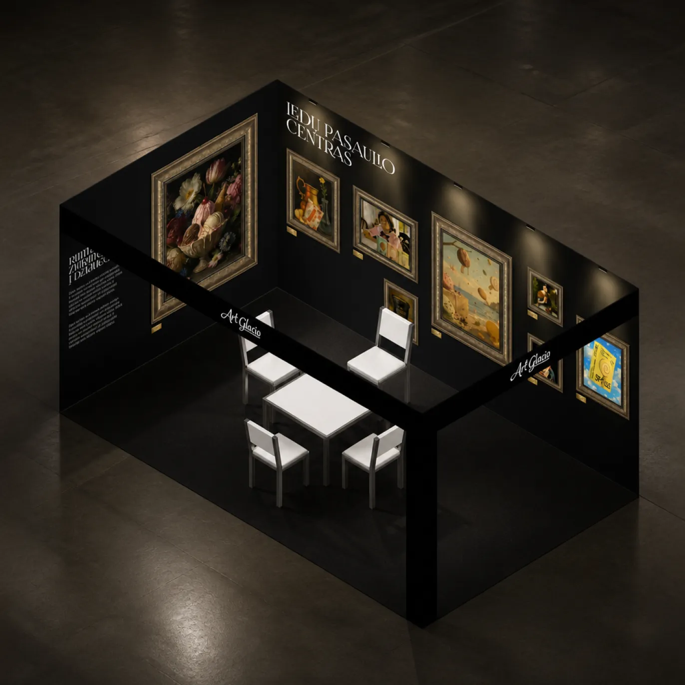 Art Glacio exhibition stand “Ledu pasaulio centras” with framed paintings and white tables and chairs