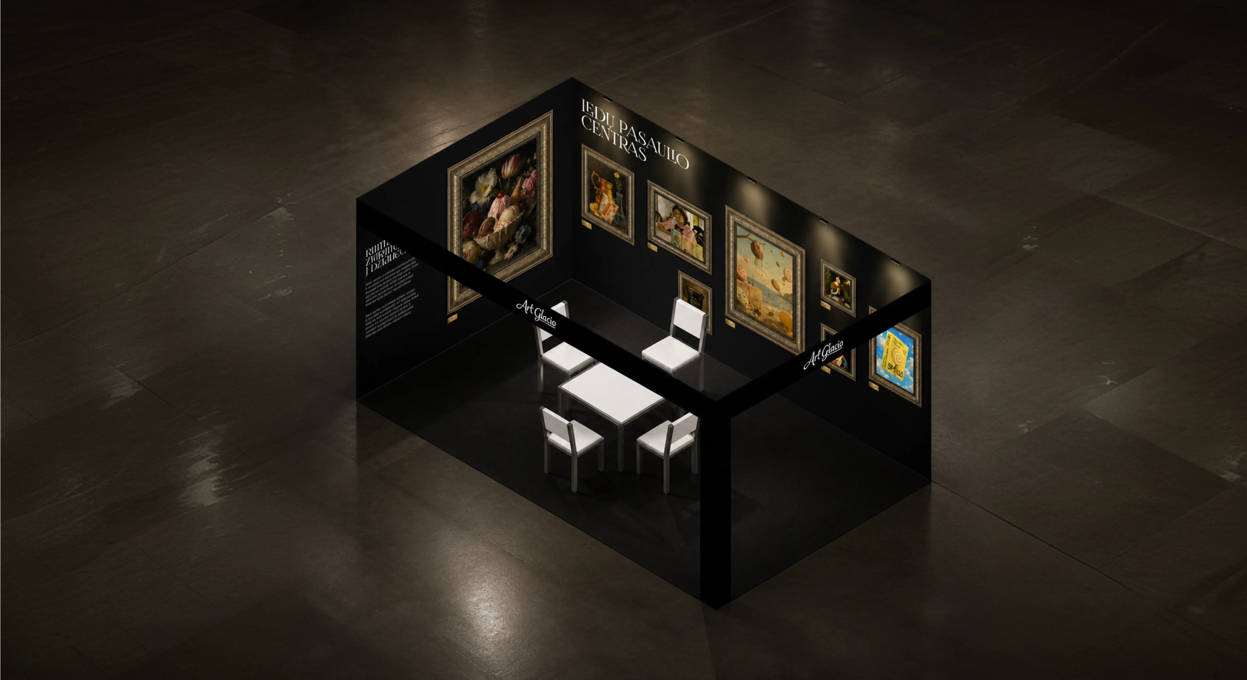 Art Glacio exhibition stand “Ledu pasaulio centras” with framed paintings and white tables and chairs