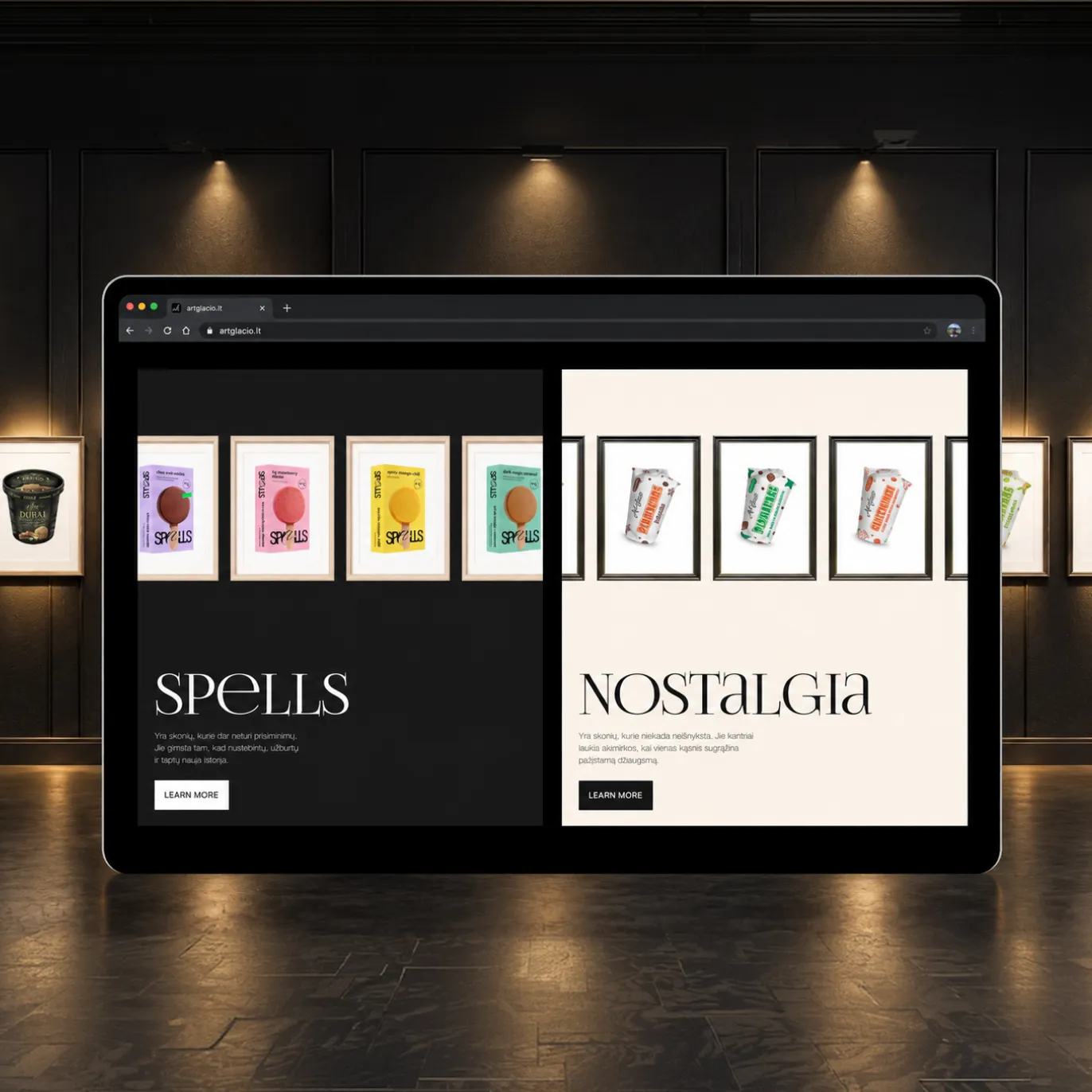 Art Glacio product lines “Spells” and “Nostalgia” on a tablet, in a gallery of framed ice cream packaging