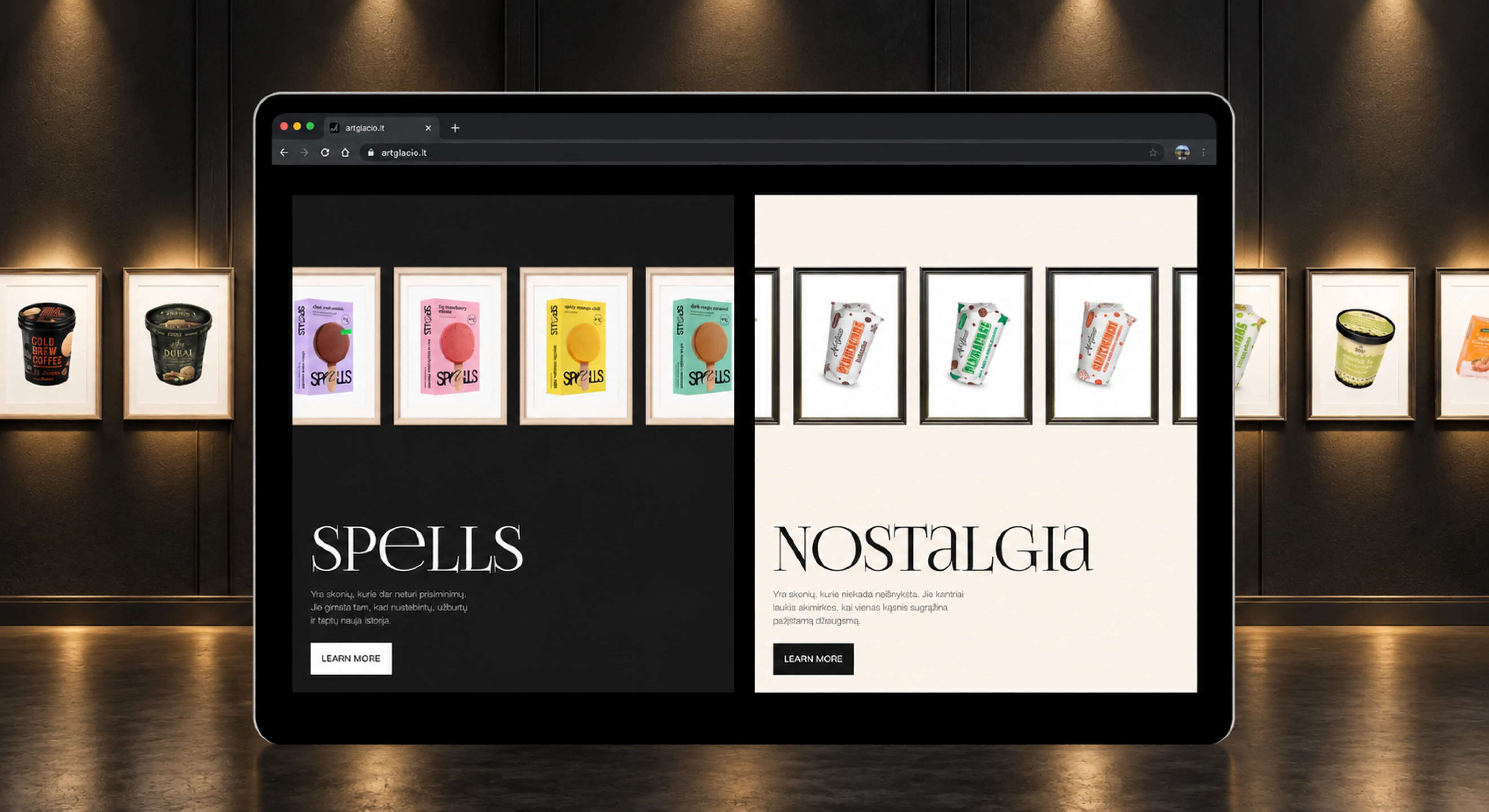 Art Glacio product lines “Spells” and “Nostalgia” on a tablet, in a gallery of framed ice cream packaging