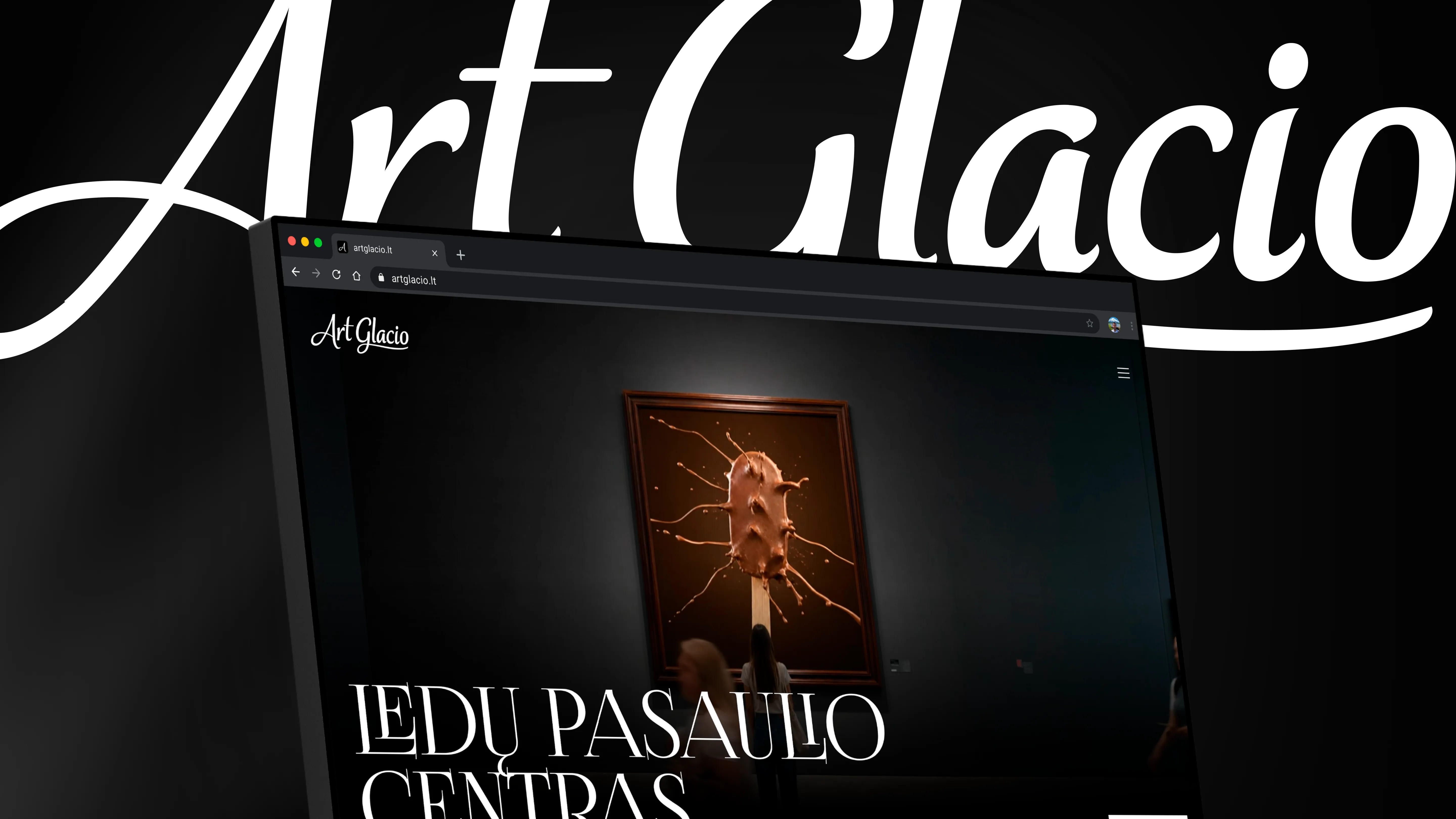 Art Glacio — the website on a desktop display opening with the heading “Ledu pasaulio centras”