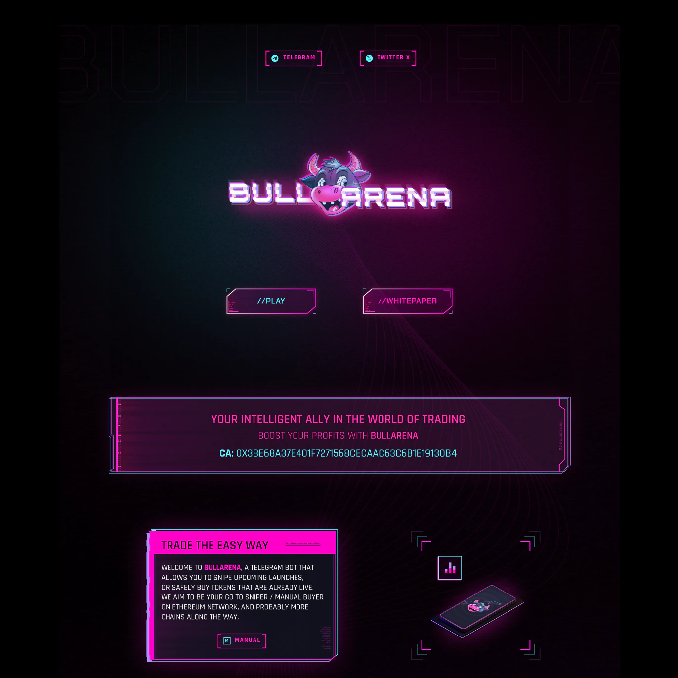 Bullarena nukreipimo puslapis su neoniniu logotipu ir „žaisk ir uždirbk“ pristatymu