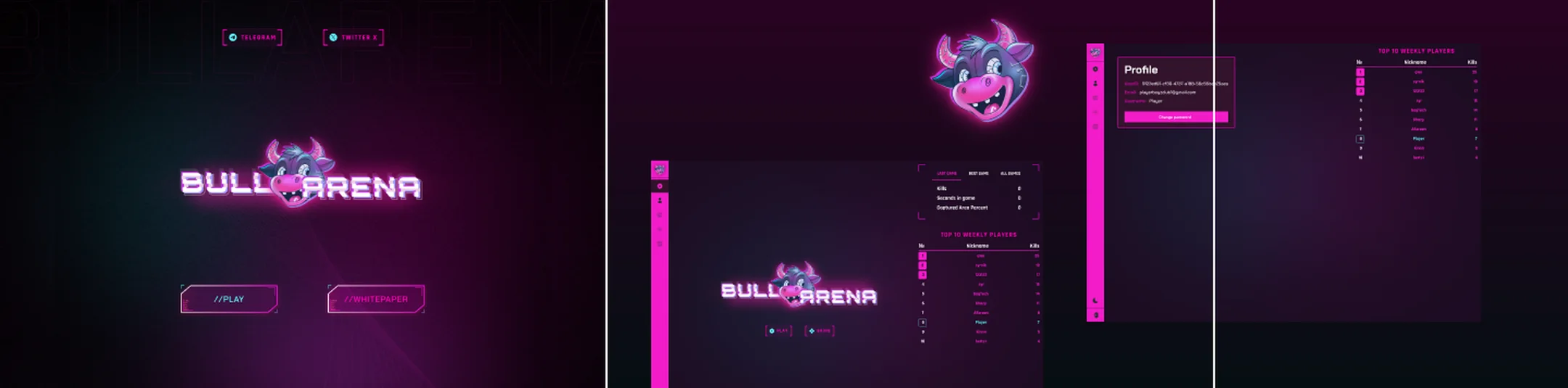Bullarena landing page, player dashboard and leaderboard screens