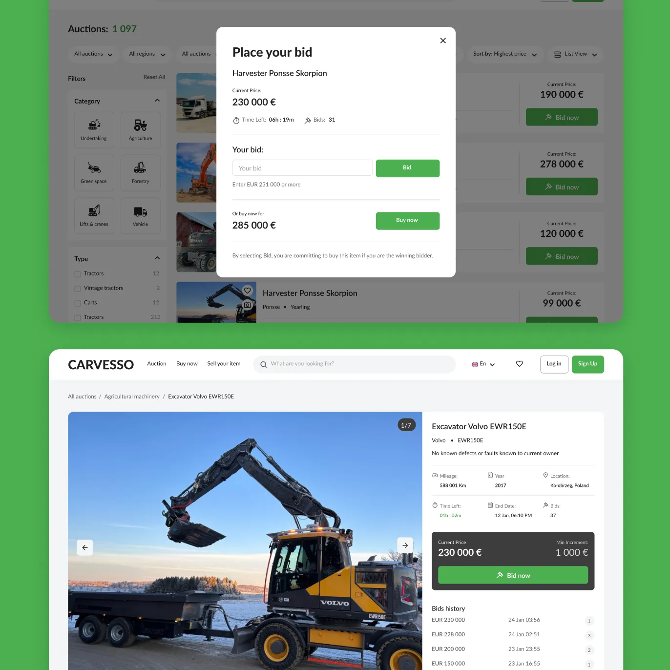 Carvesso lot page for a Volvo EWR150E excavator with bidding history, next to the filtered auction catalog and the bid panel