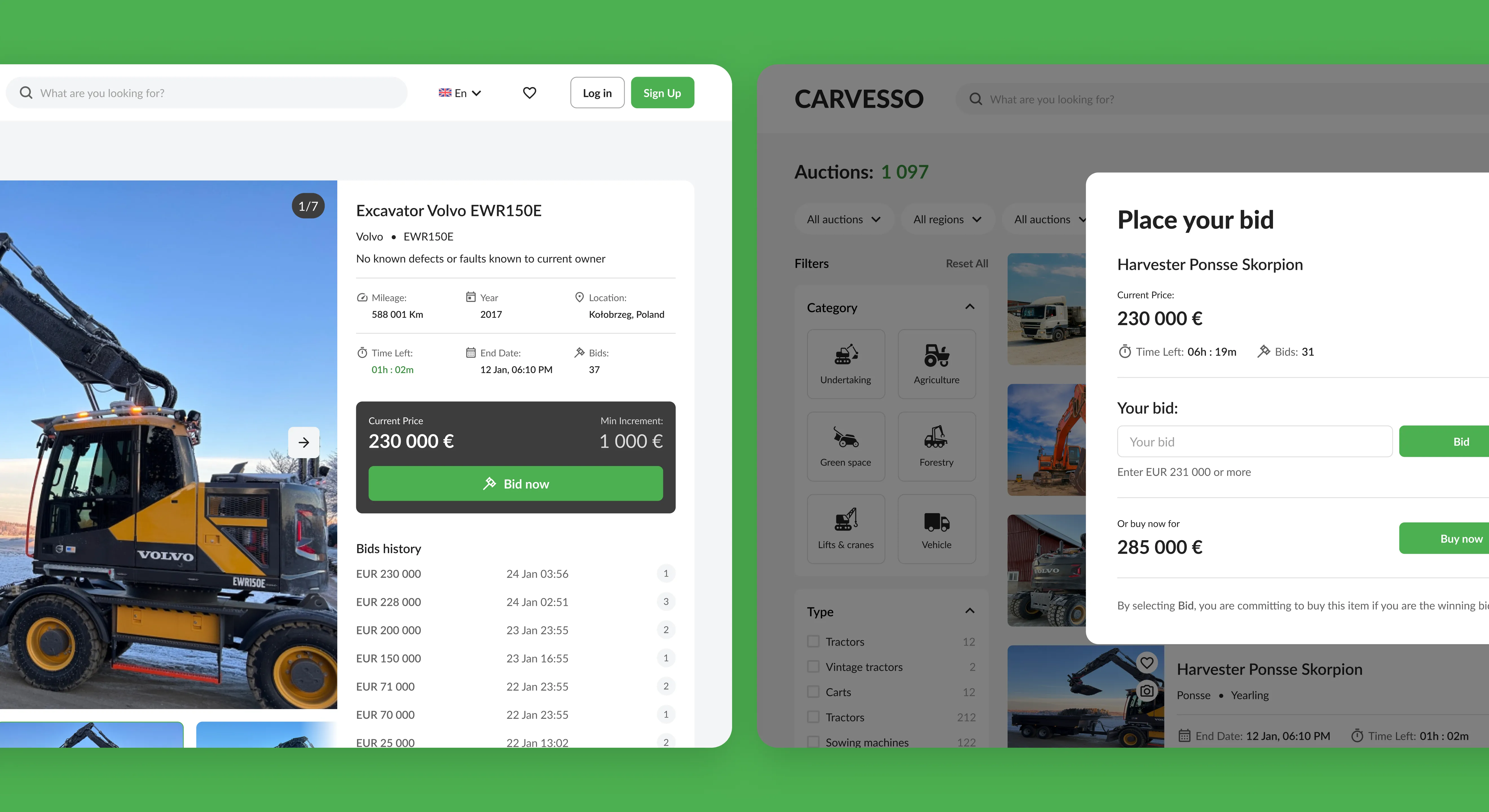 Carvesso lot page for a Volvo EWR150E excavator with bidding history, next to the filtered auction catalog and the bid panel