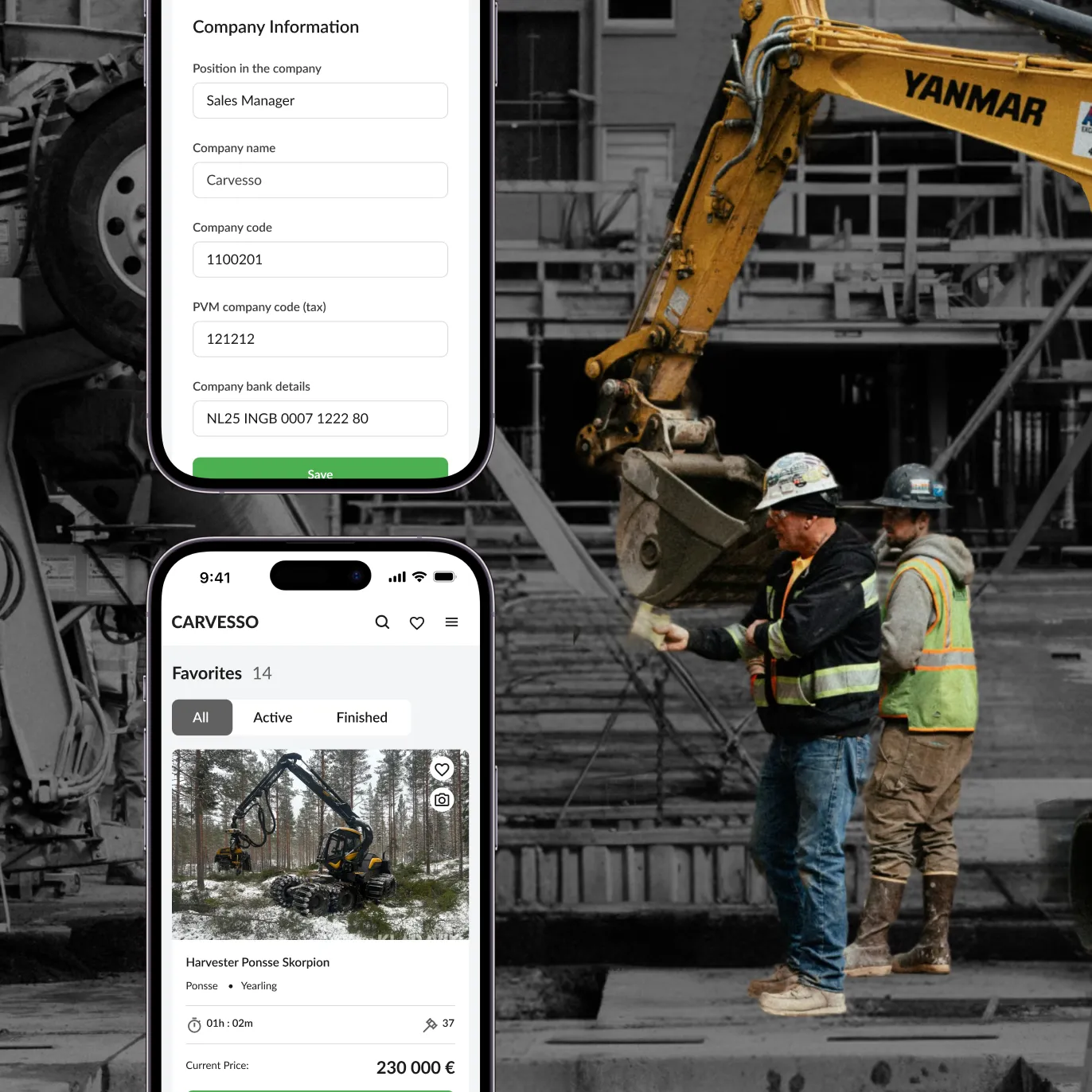 Carvesso profile settings and favourites on two phones, over a photo of an excavator and site workers