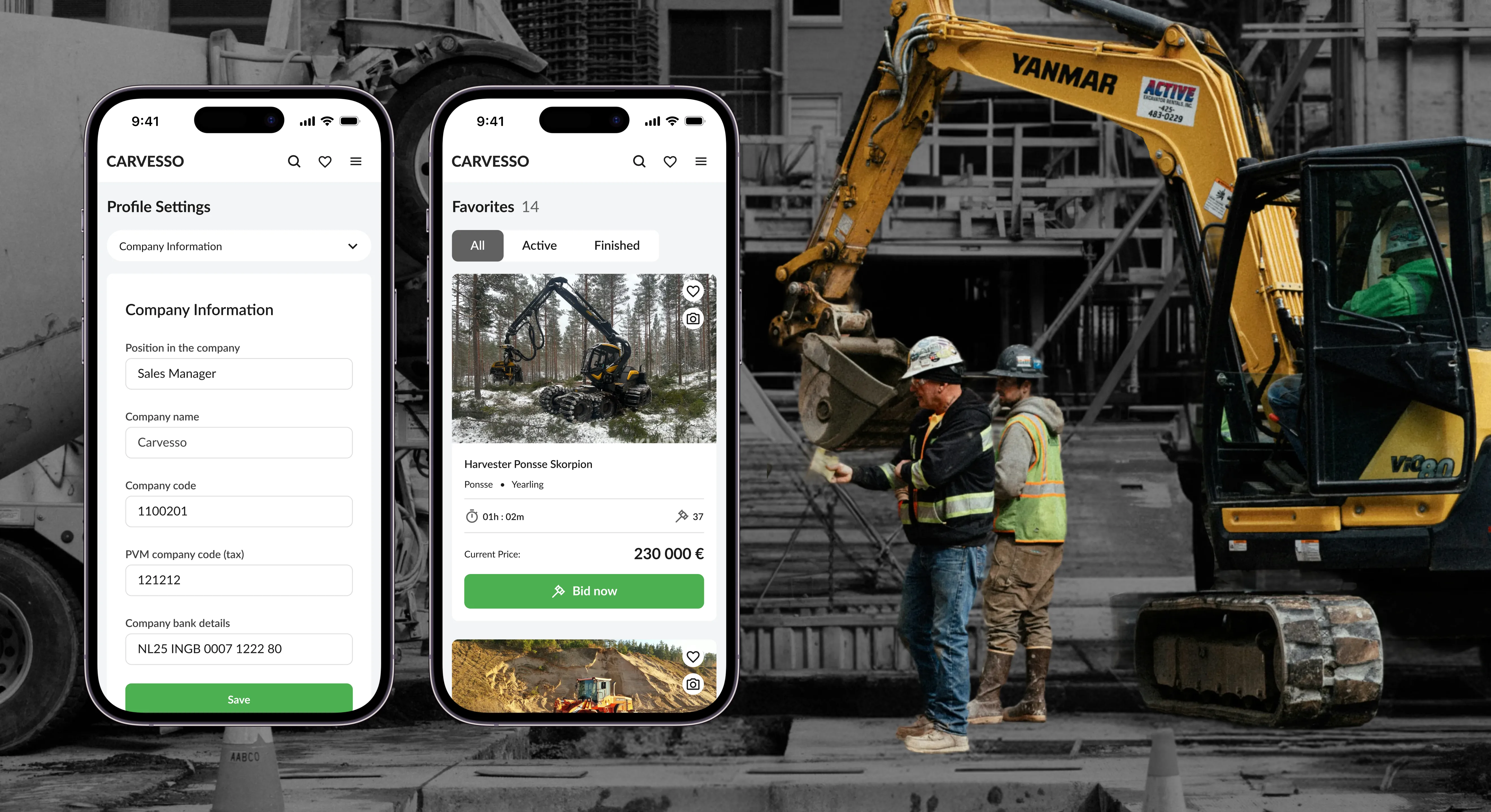 Carvesso profile settings and favourites on two phones, over a photo of an excavator and site workers