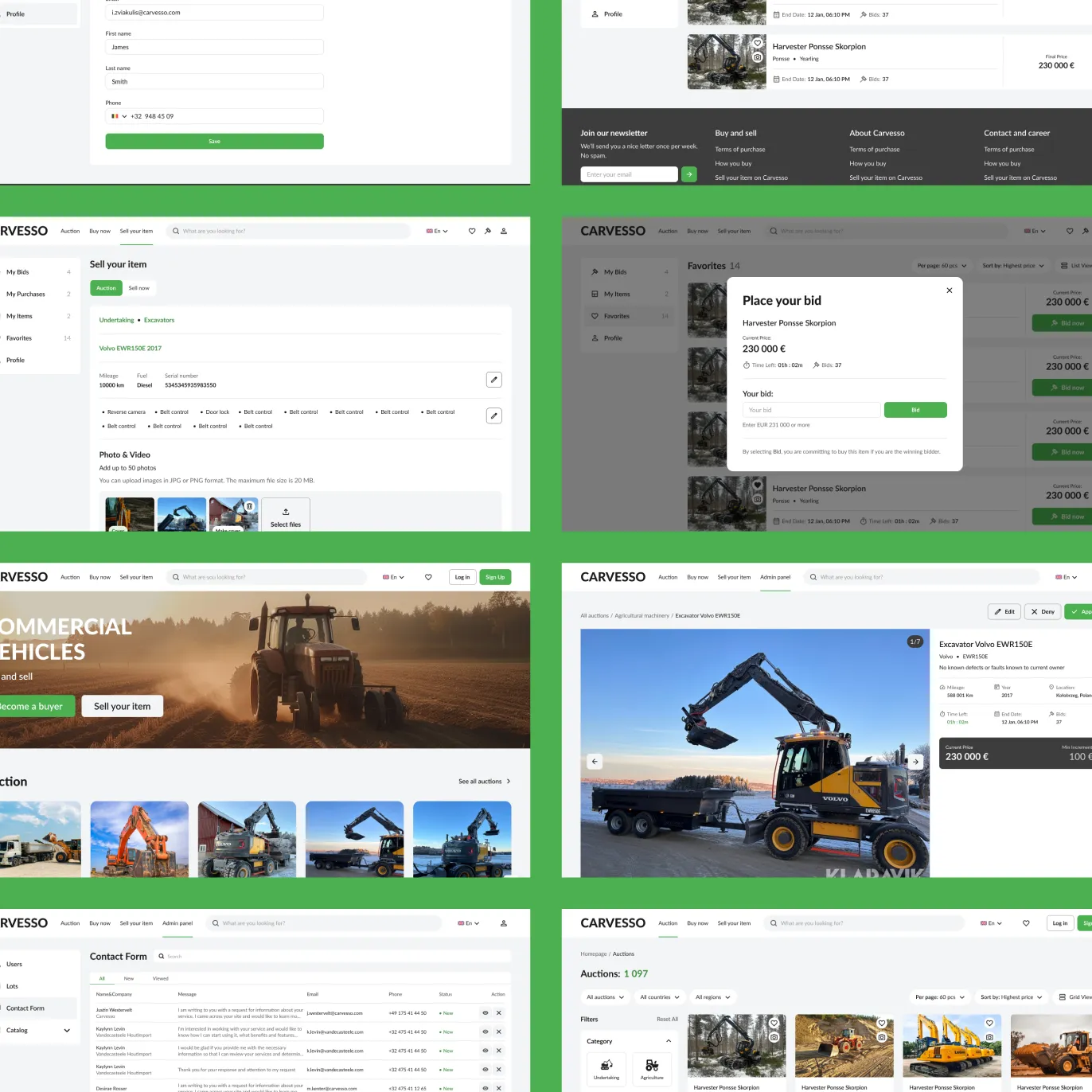 Overview of the Carvesso pages — the home page, auction catalog, lot pages, bidding and the user profile