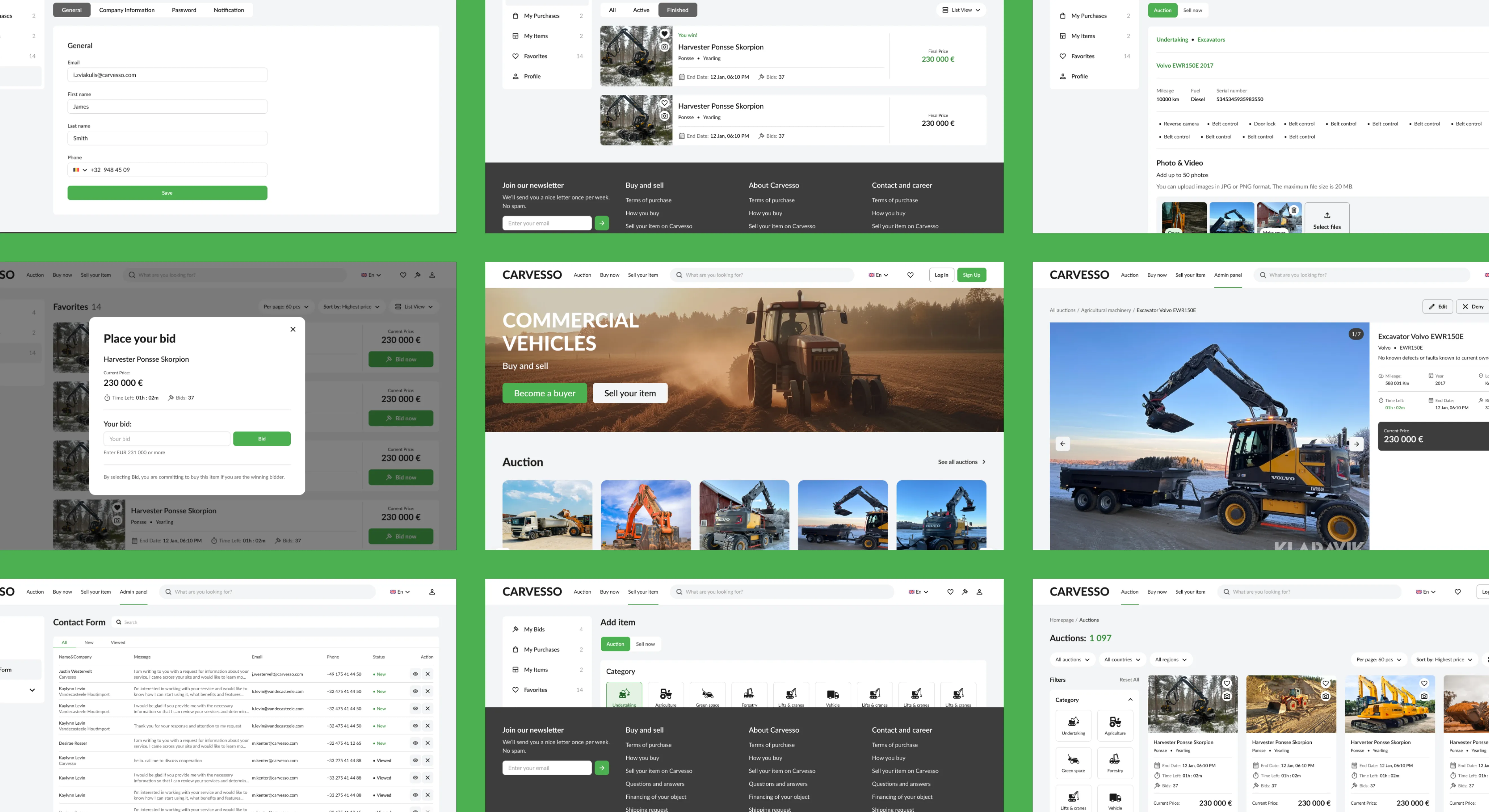 Overview of the Carvesso pages — the home page, auction catalog, lot pages, bidding and the user profile