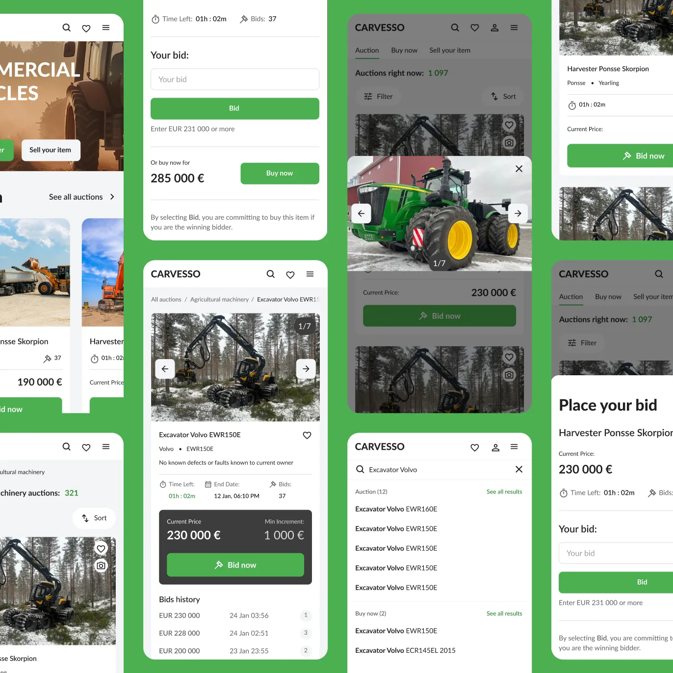 Carvesso mobile screens — the auction feed, lot pages with machinery photos and the place-your-bid dialog