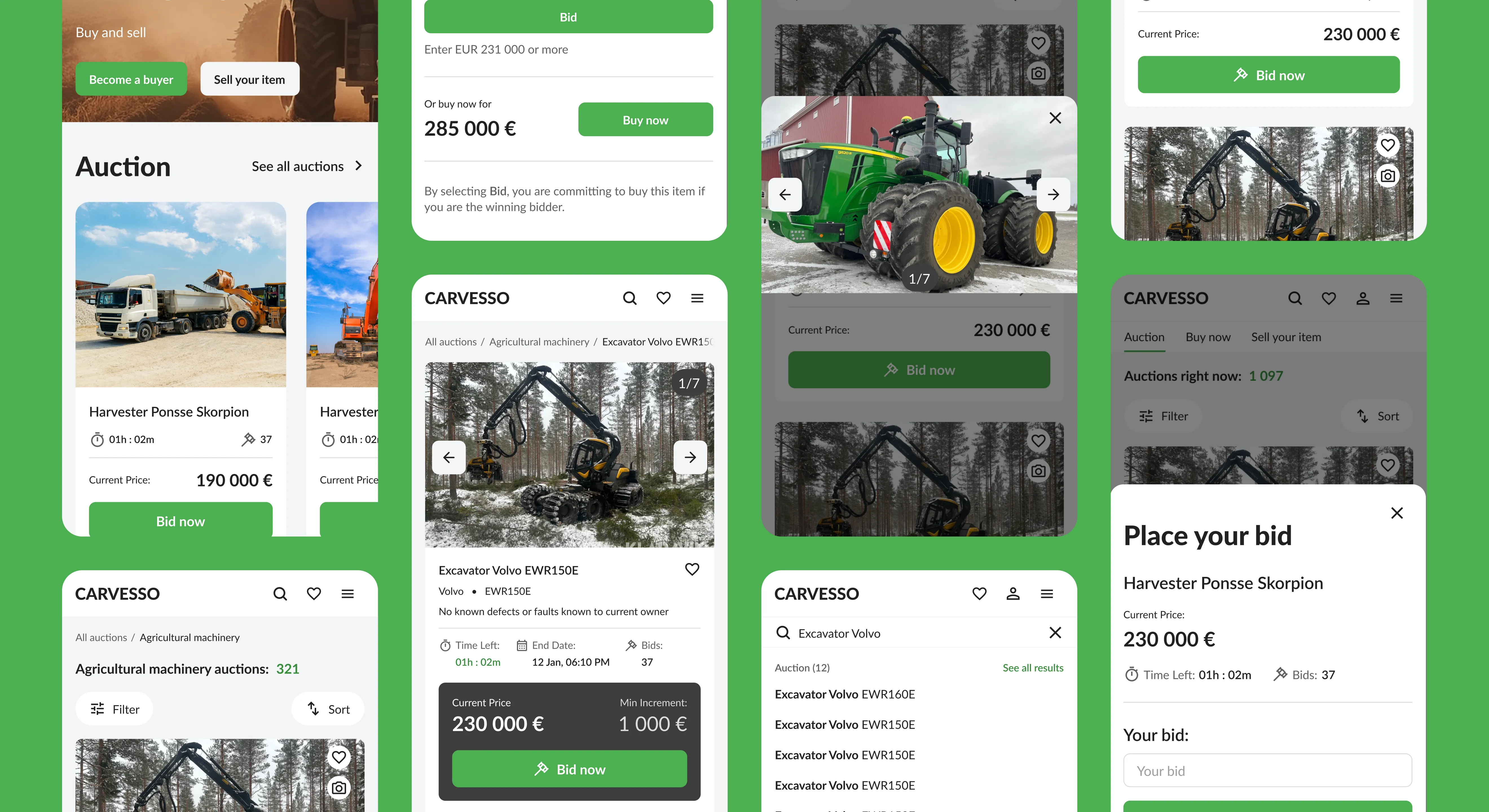 Carvesso mobile screens — the auction feed, lot pages with machinery photos and the place-your-bid dialog