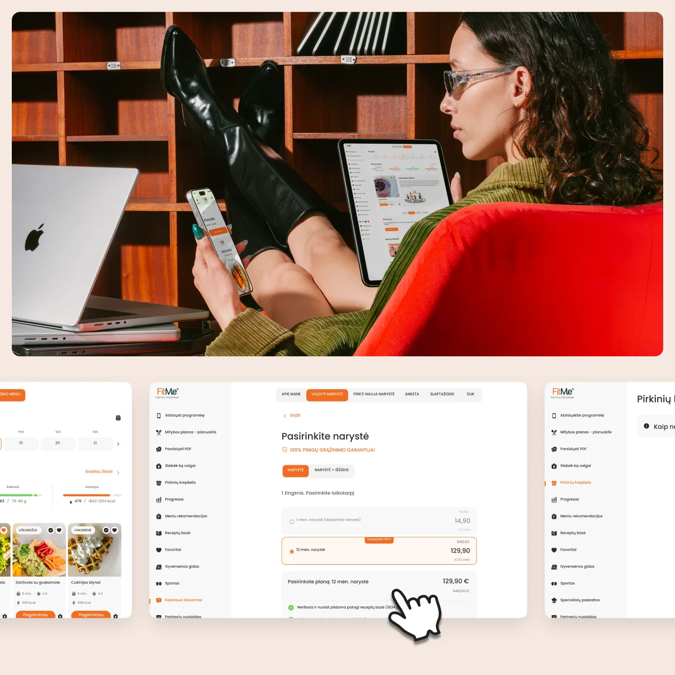 A user browsing FitMe on a phone and a tablet, beside the daily plan, membership and shopping cart screens