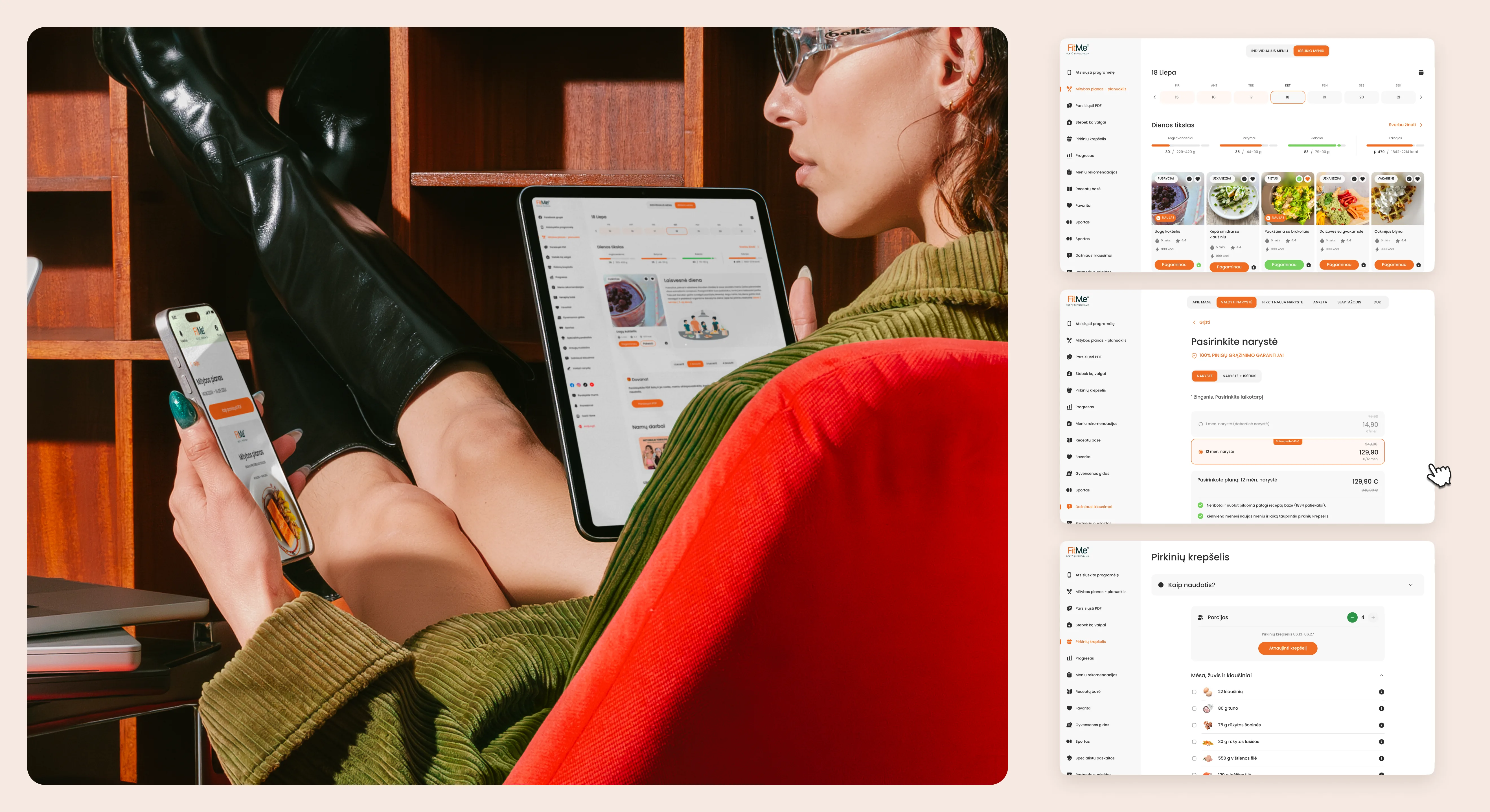 A user browsing FitMe on a phone and a tablet, beside the daily plan, membership and shopping cart screens