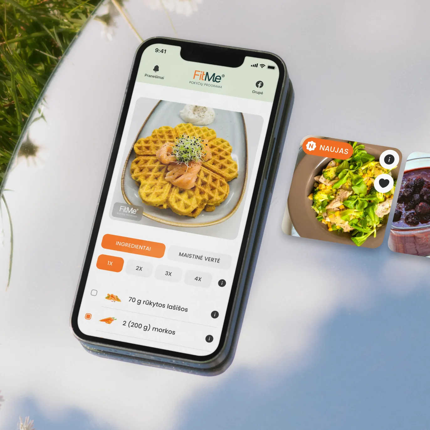 FitMe recipe page on a phone, showing a dish with its ingredients and portion sizes