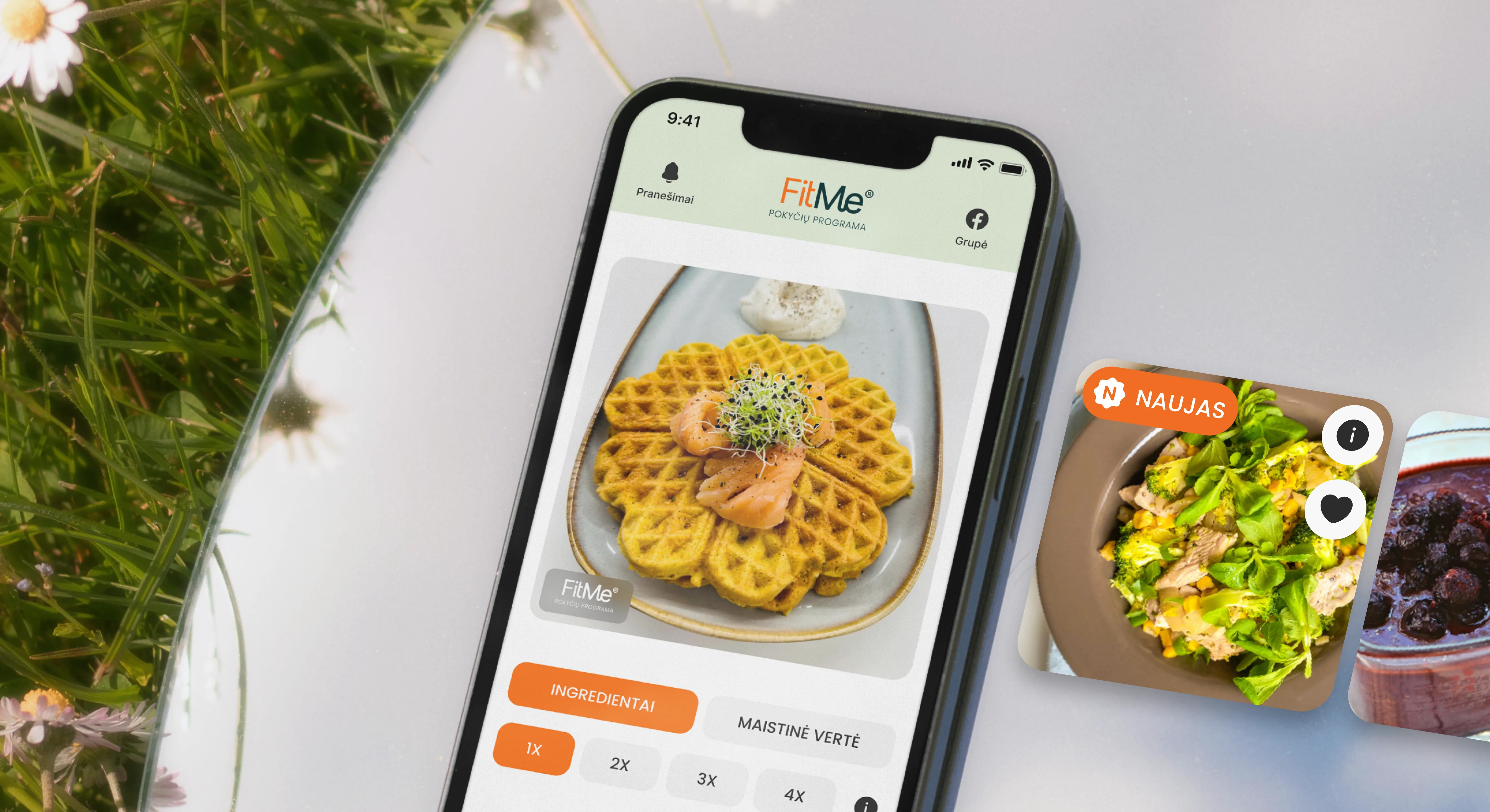 FitMe recipe page on a phone, showing a dish with its ingredients and portion sizes