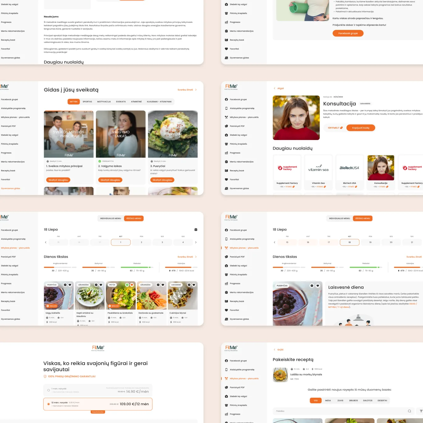 Overview of the FitMe pages — discounts, consultations, the daily plan, membership, recipe editing and the recipe book