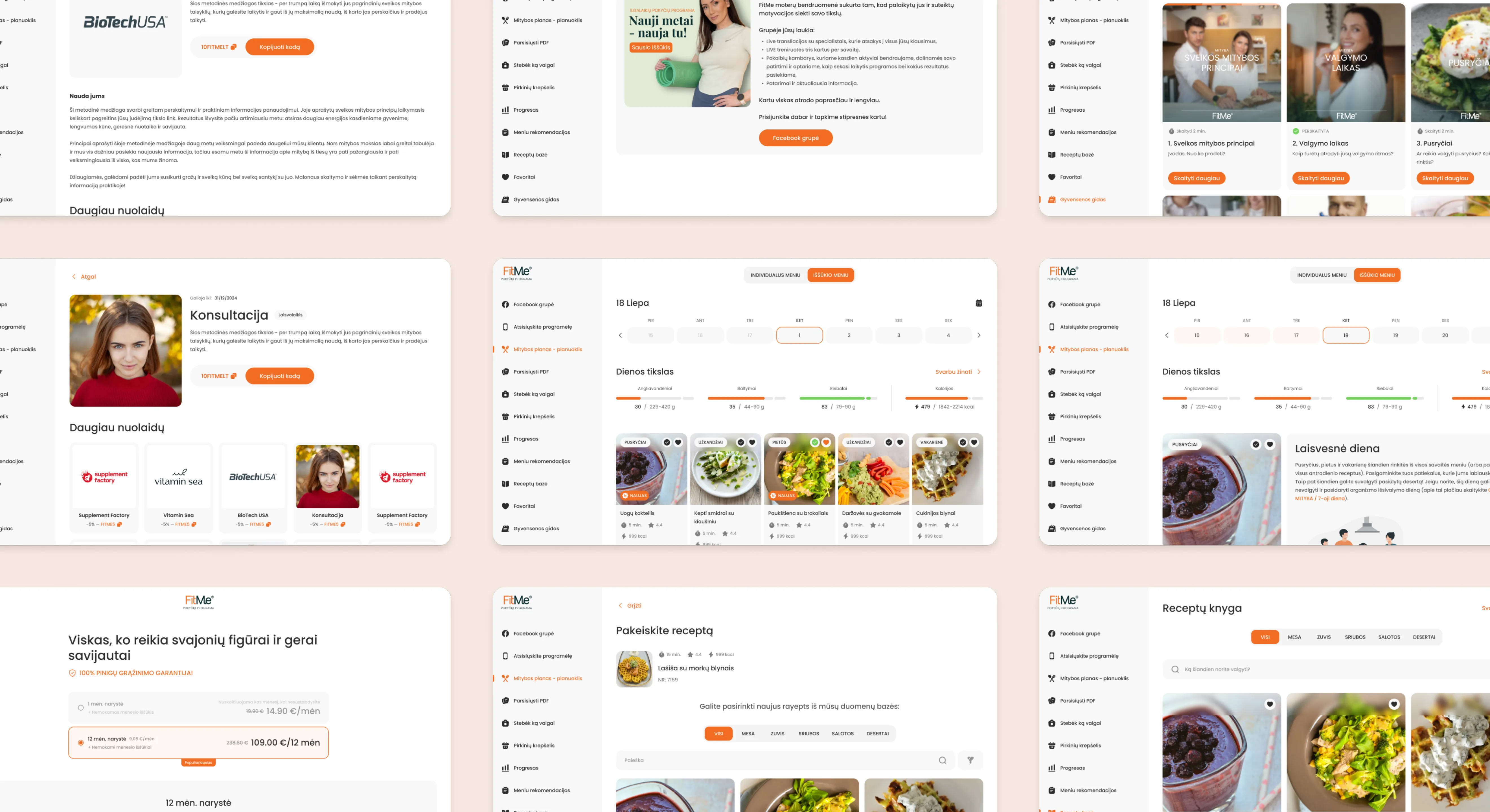 Overview of the FitMe pages — discounts, consultations, the daily plan, membership, recipe editing and the recipe book