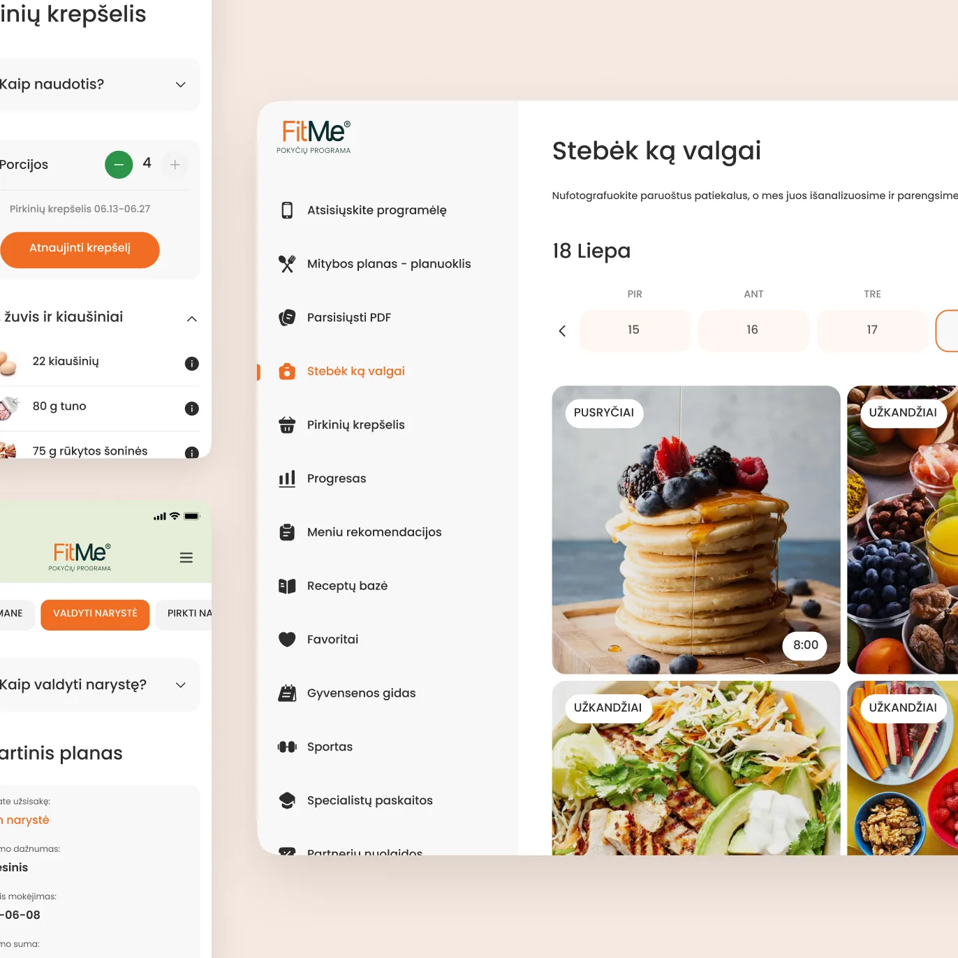 FitMe food diary with photographed meals, next to the shopping cart and membership screens on mobile