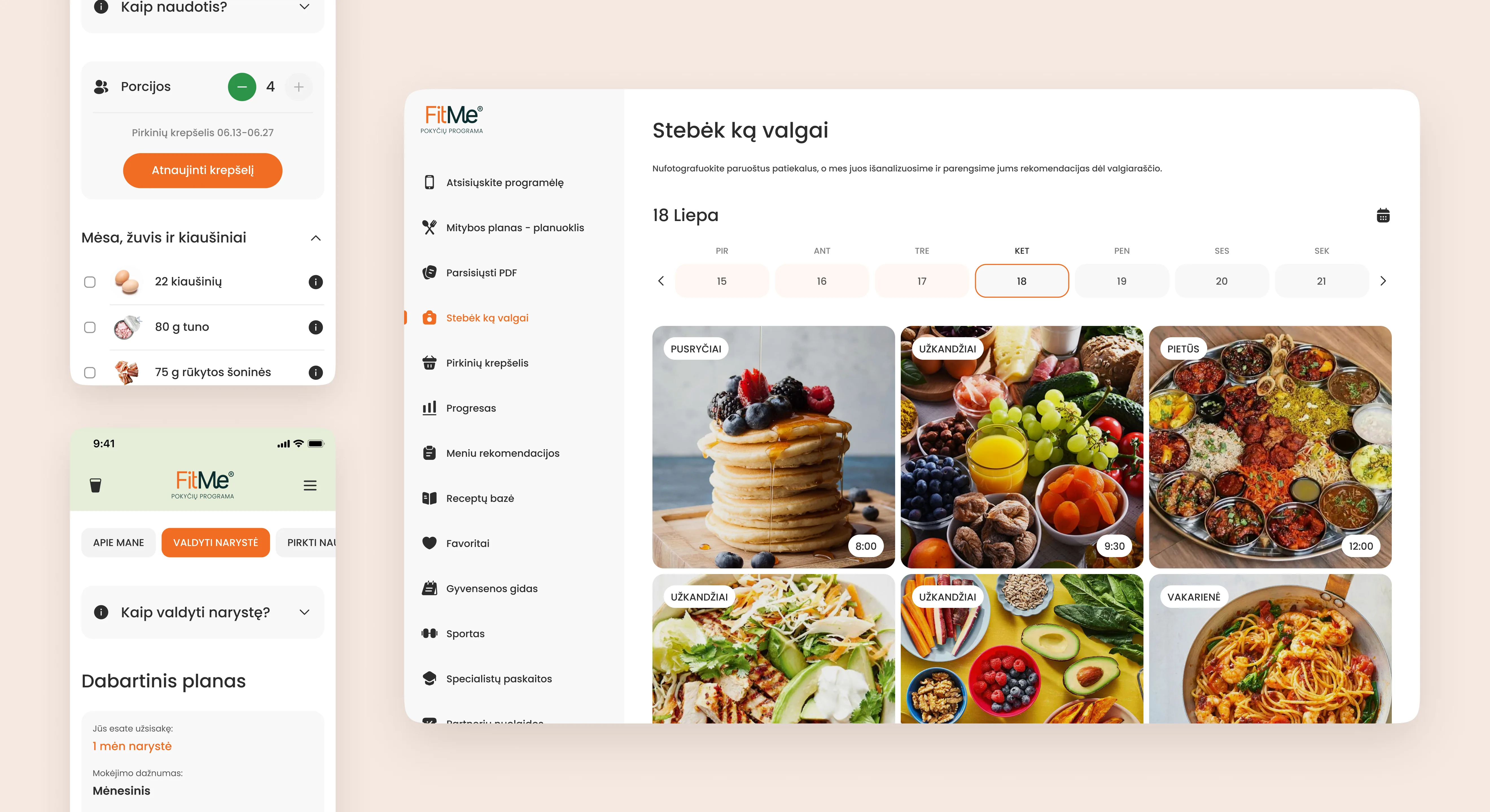 FitMe food diary with photographed meals, next to the shopping cart and membership screens on mobile