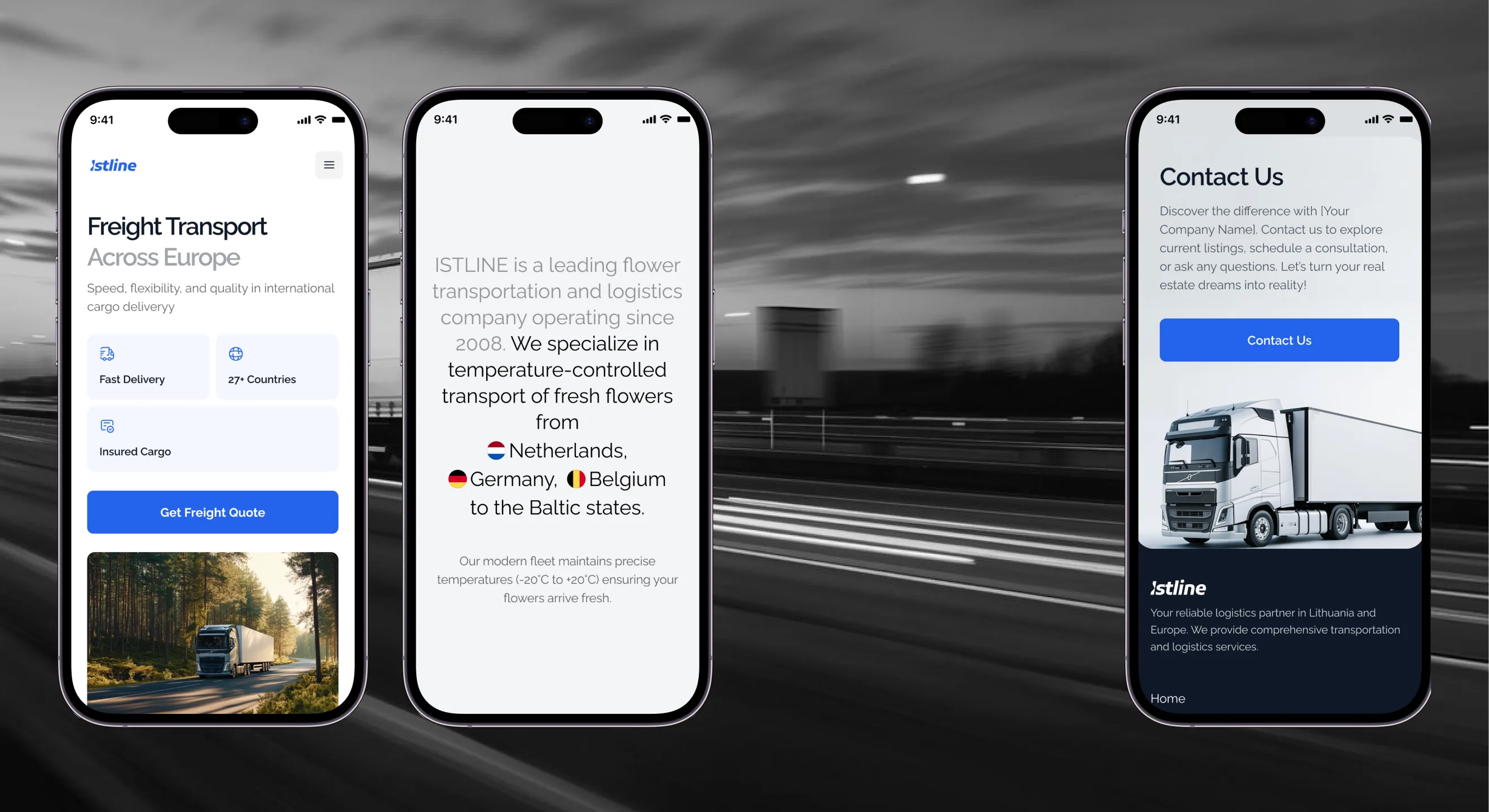 Istline freight, about, and contact pages on mobile