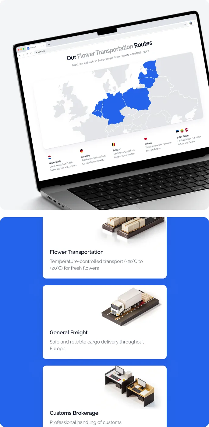 Istline homepage with the flower transportation route map and service overview