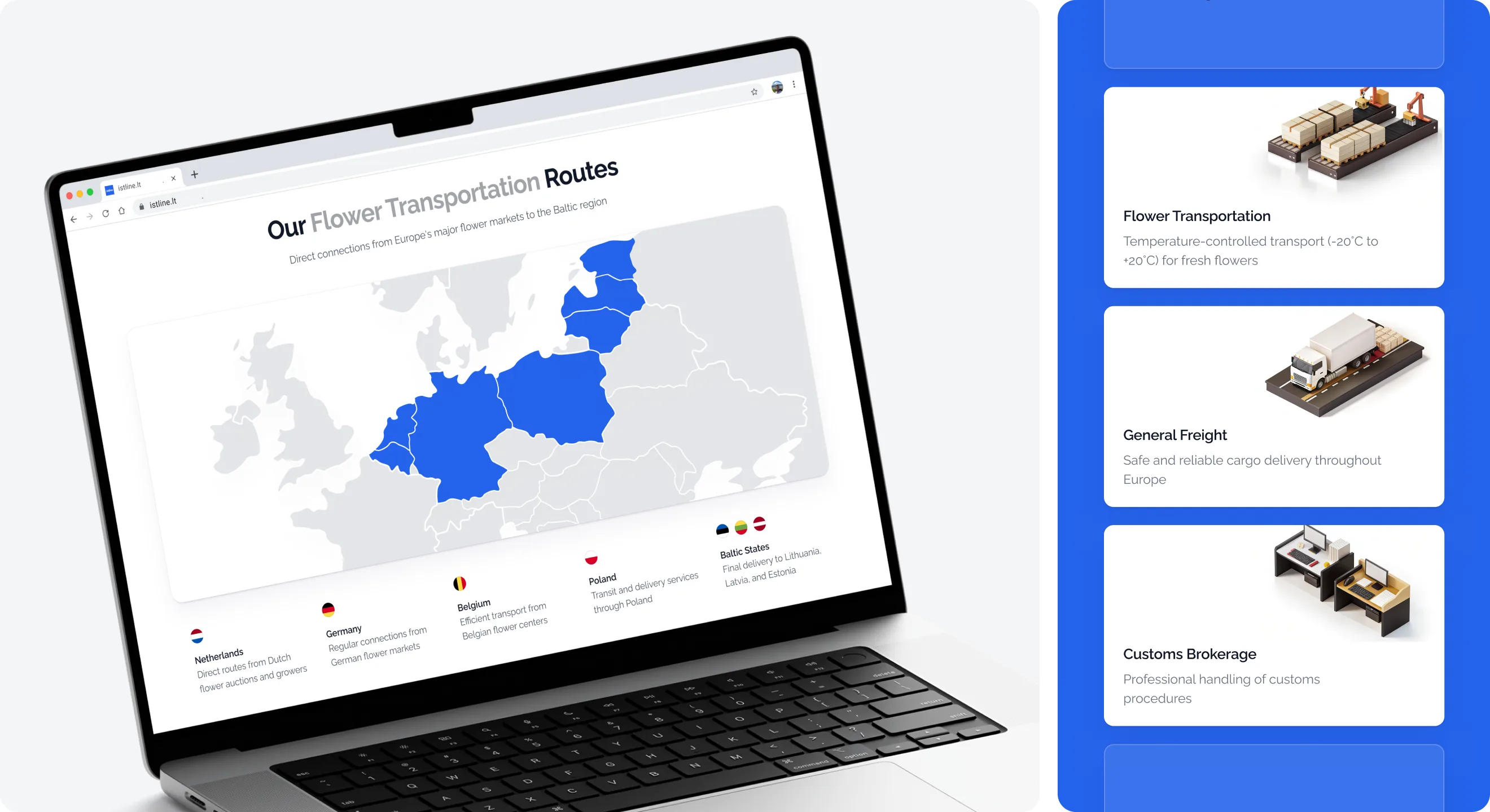 Istline homepage with the flower transportation route map and service overview