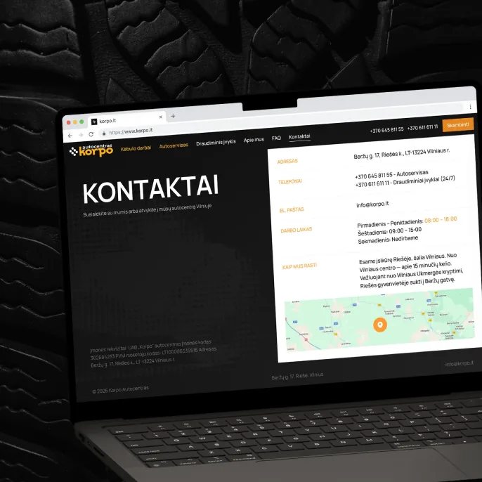 Korpo contacts page with location map
