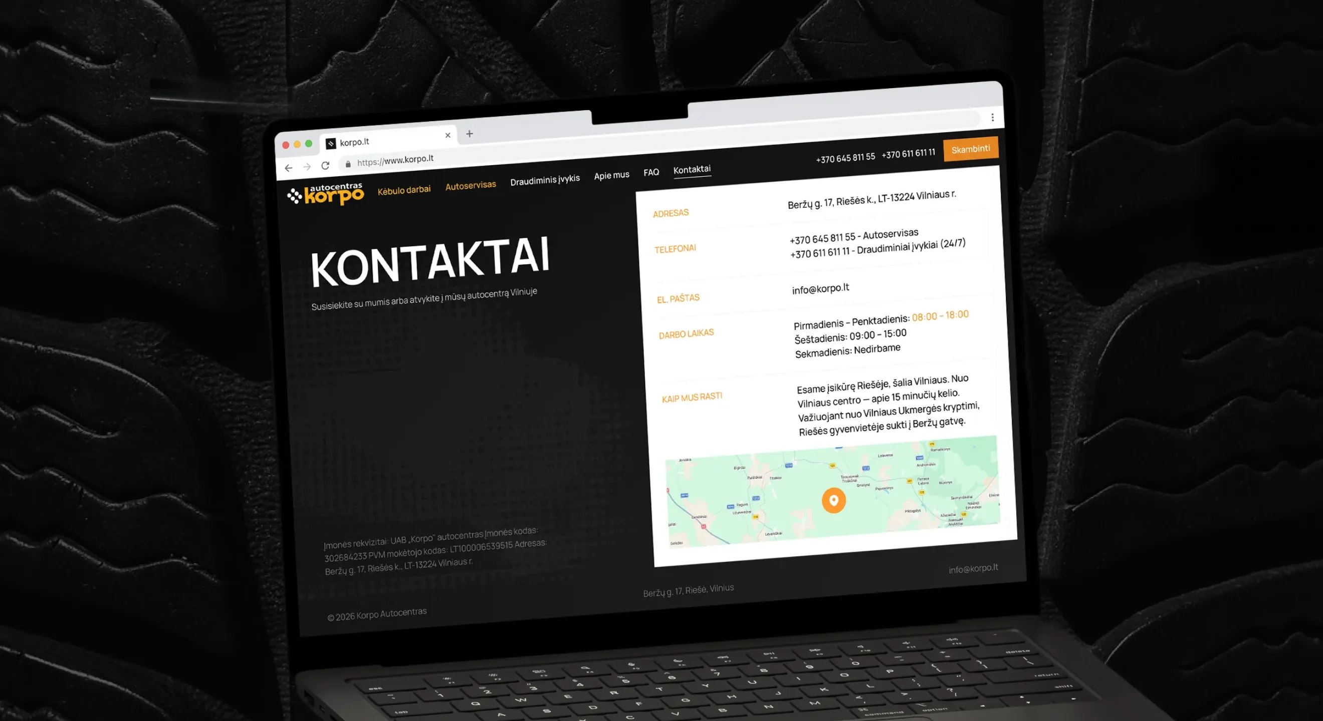 Korpo contacts page with location map
