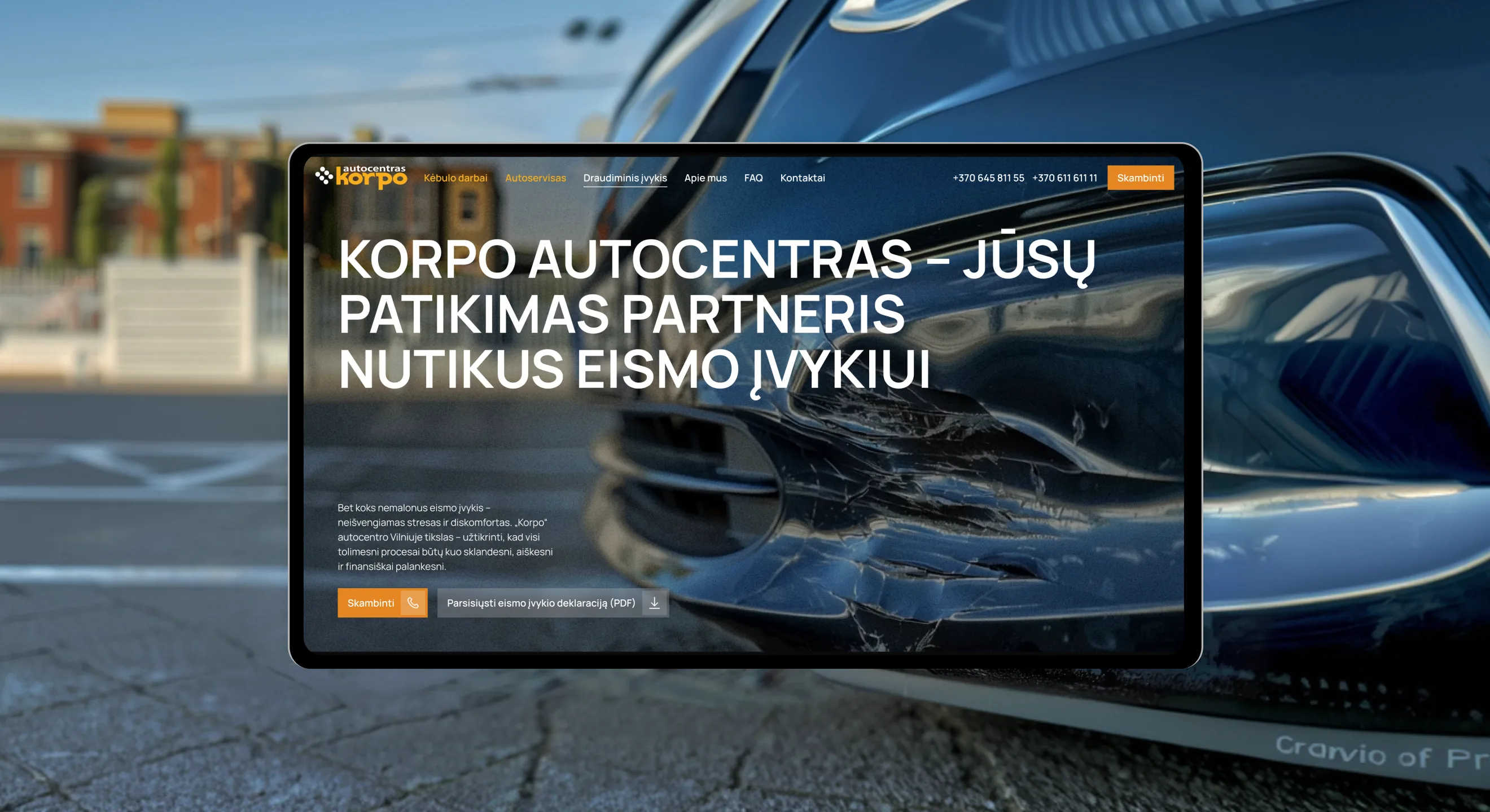 Korpo insurance claim landing page with accident declaration download