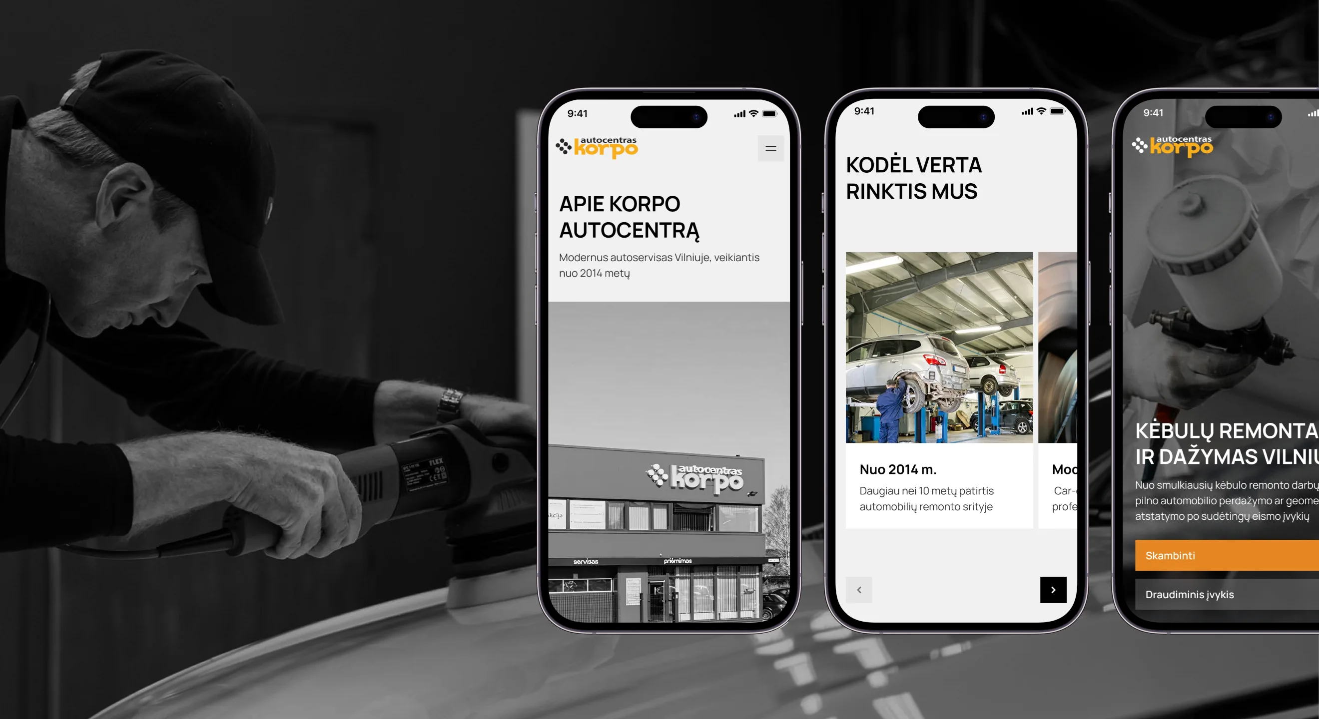 Korpo about, why-choose-us and body-repair pages on mobile