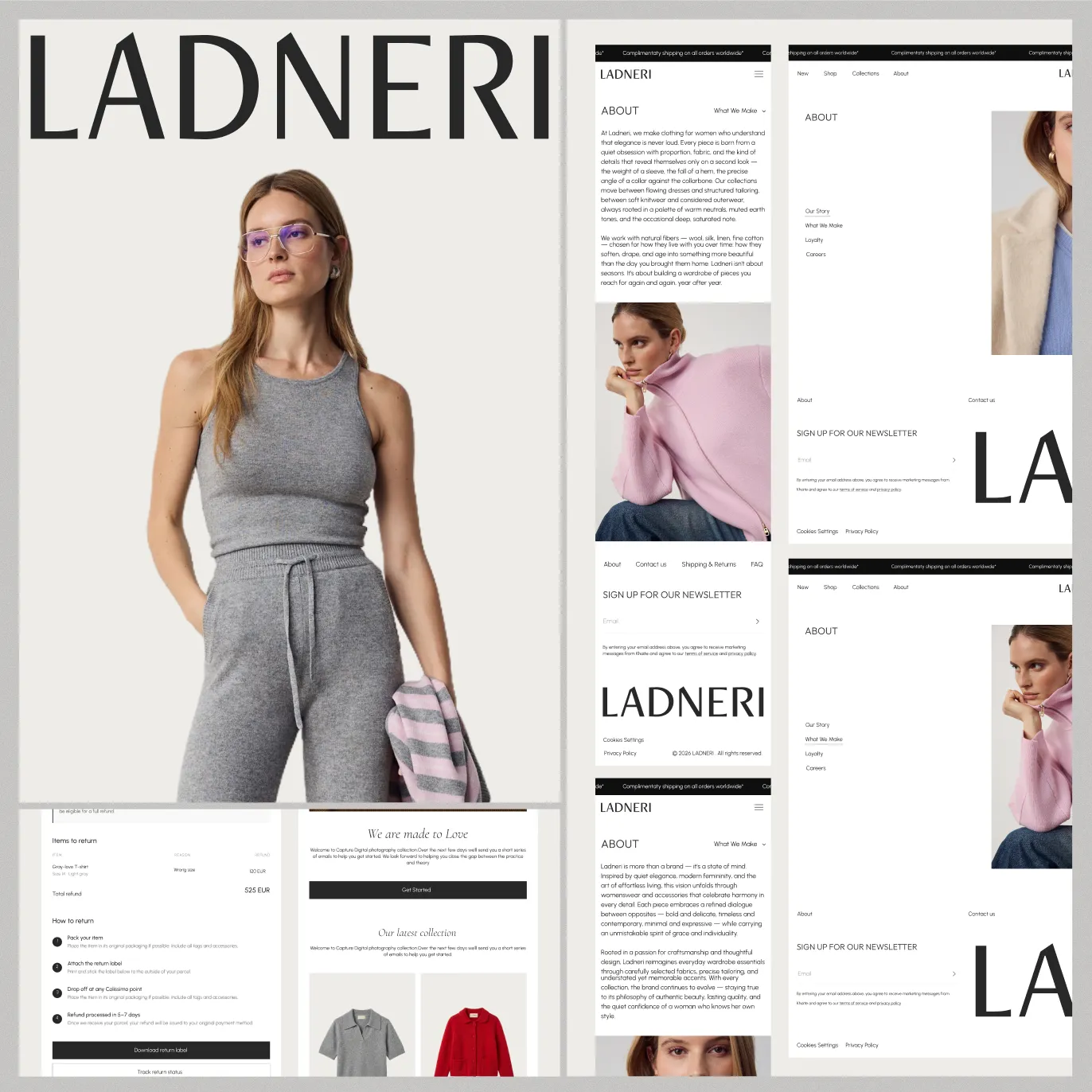 Ladneri branded emails — “We are made to Love” welcome, “Our latest collection” and a return request — alongside the About page on desktop and mobile