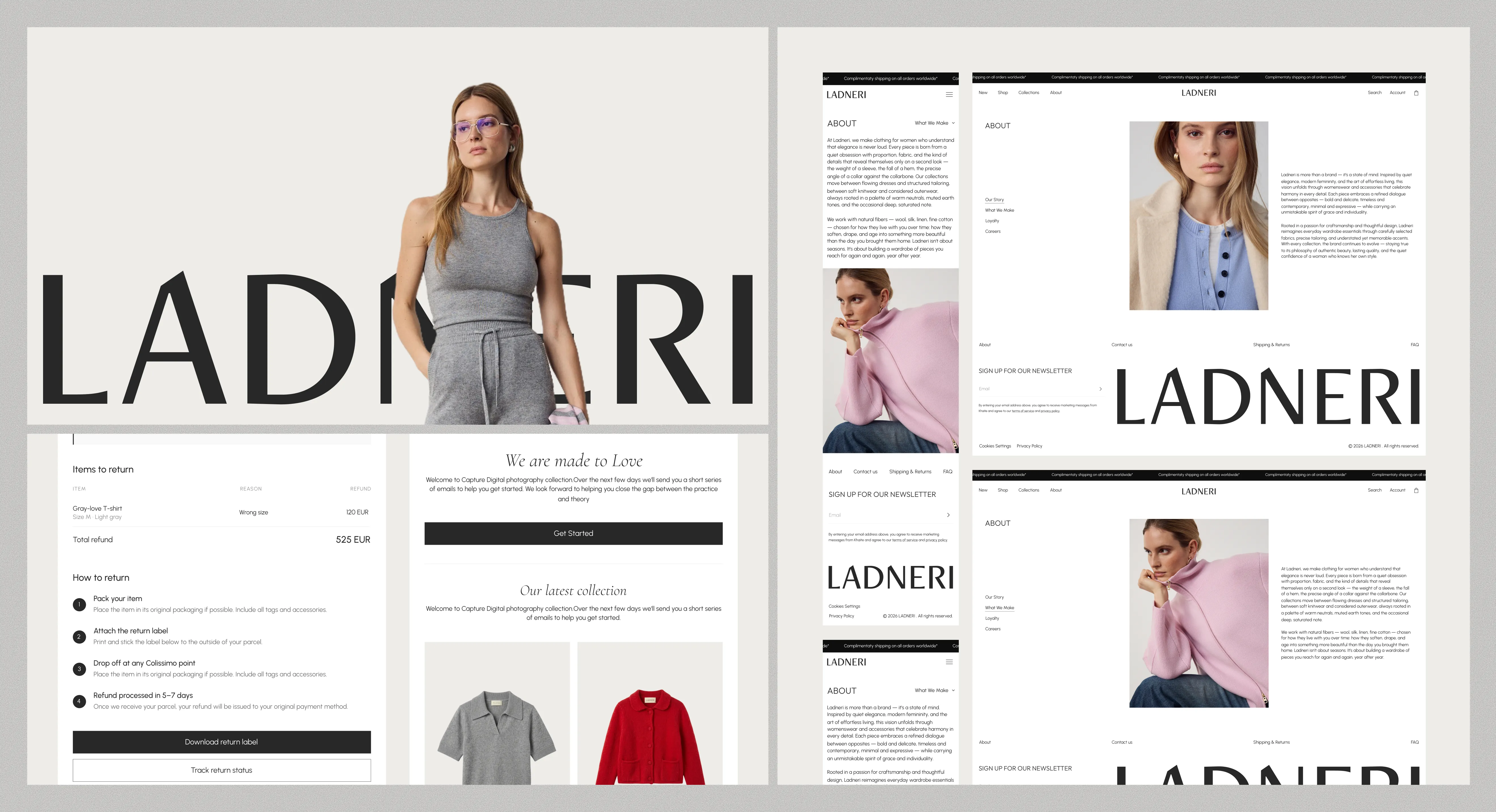 Ladneri branded emails — “We are made to Love” welcome, “Our latest collection” and a return request — alongside the About page on desktop and mobile
