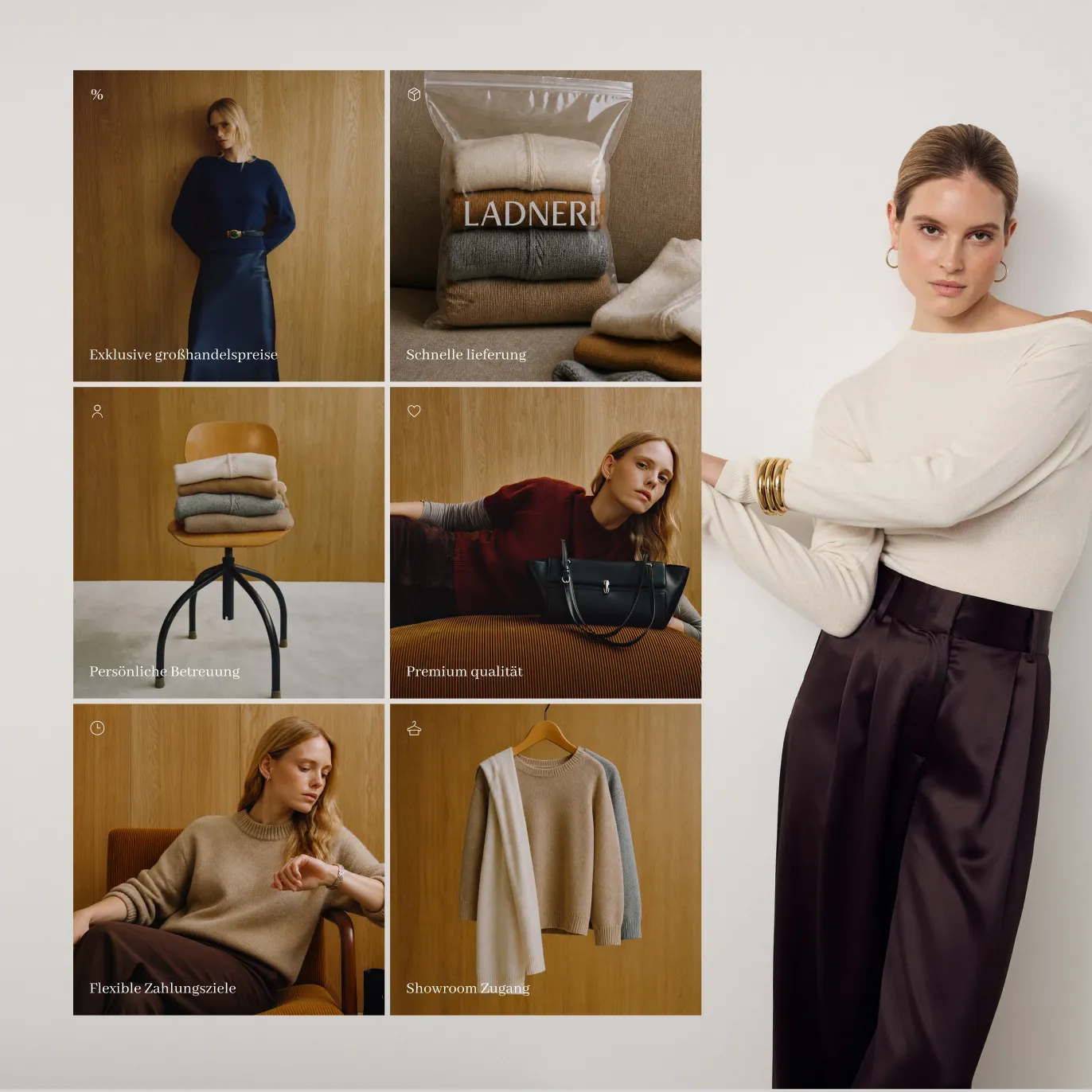 Ladneri “Ihre vorteile als partner” grid — Exklusive großhandelspreise, Schnelle lieferung, Premium qualität, Persönliche Betreuung, Flexible Zahlungsziele, Showroom Zugang — next to a model in a cream off-shoulder top