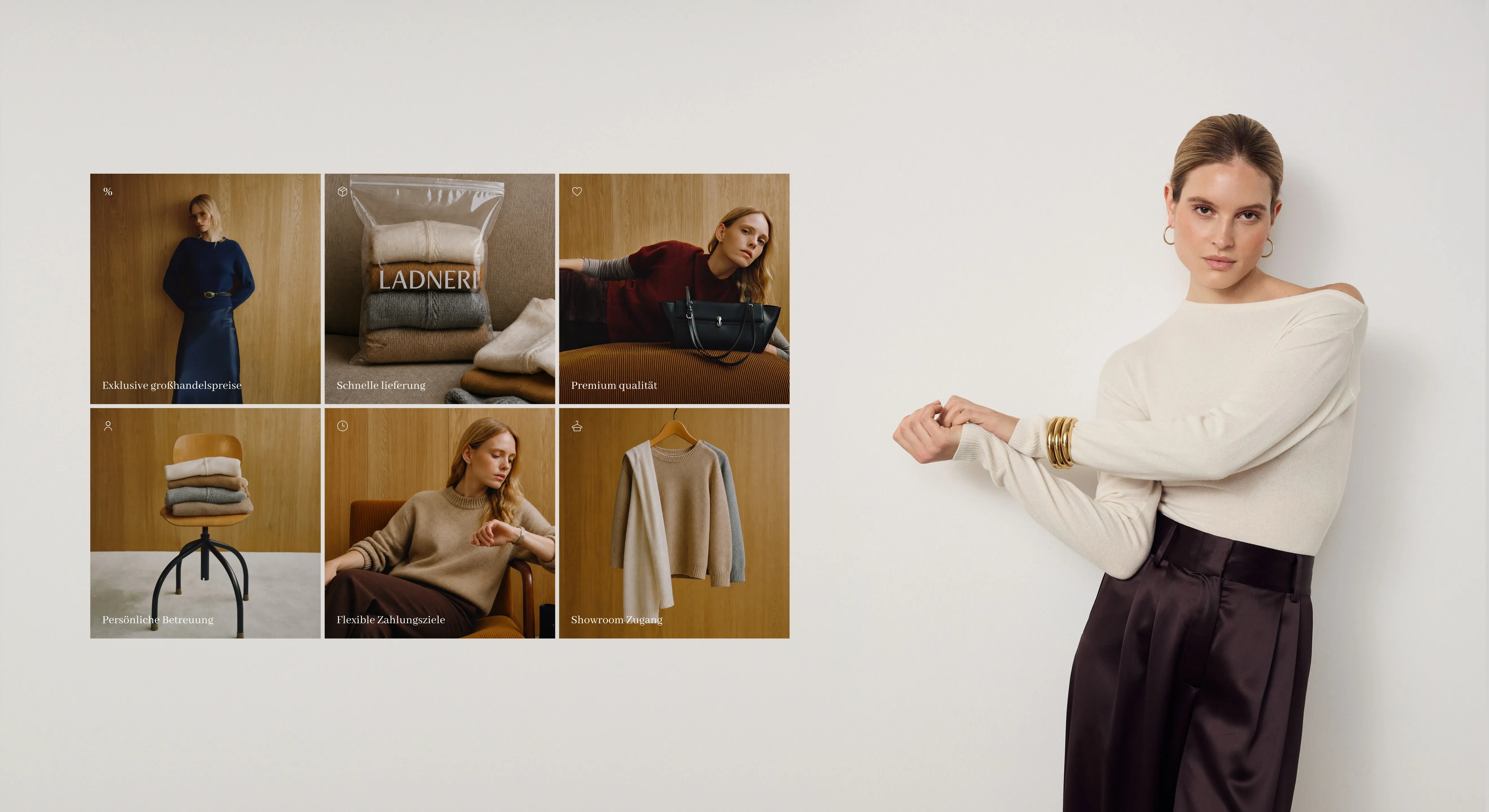 Ladneri “Ihre vorteile als partner” grid — Exklusive großhandelspreise, Schnelle lieferung, Premium qualität, Persönliche Betreuung, Flexible Zahlungsziele, Showroom Zugang — next to a model in a cream off-shoulder top