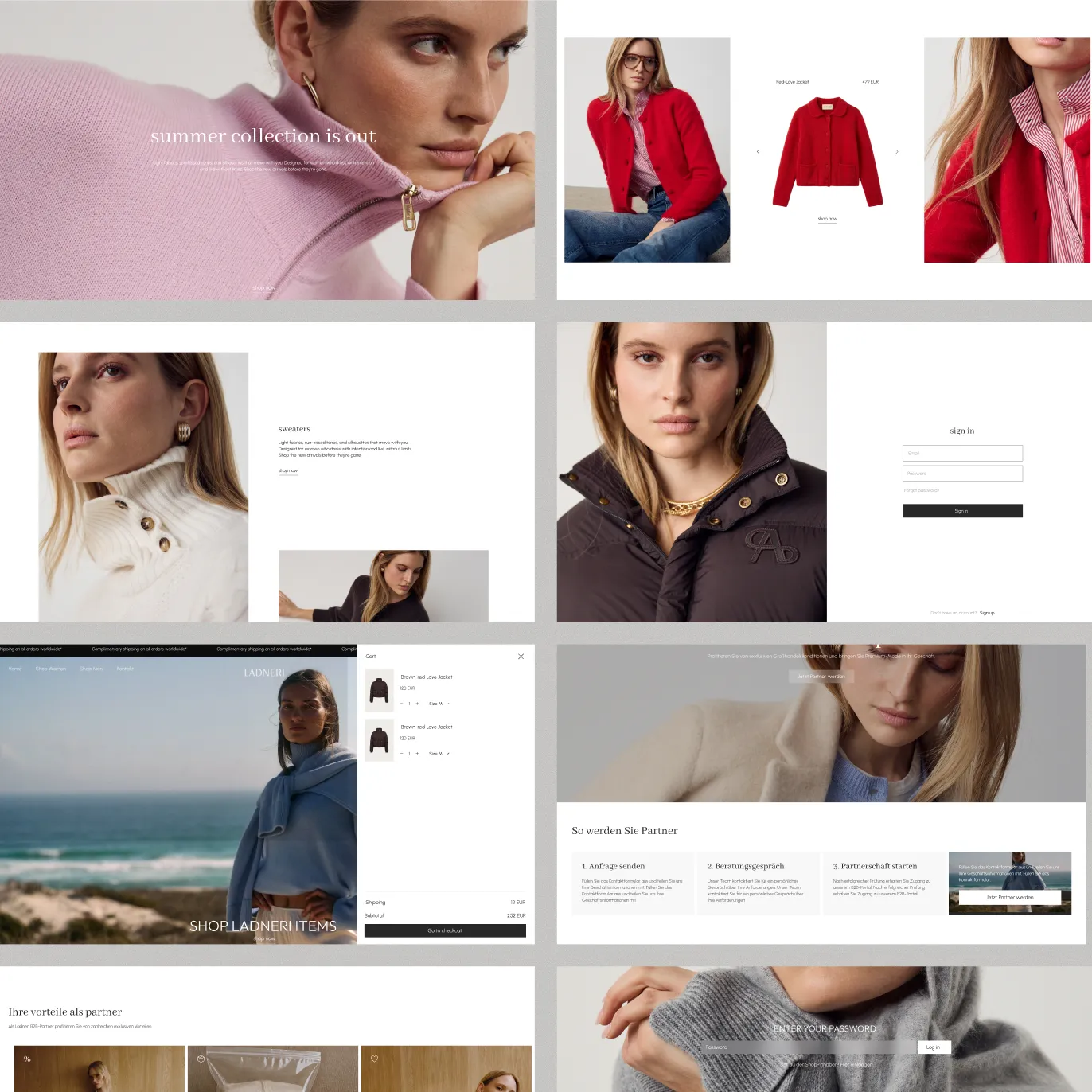Overview of the Ladneri pages — the “Summer collection is out” banner, a product page, sign-in, the cart, the “So werden Sie Partner” partner programme and the “Shop women fs2026” catalogue