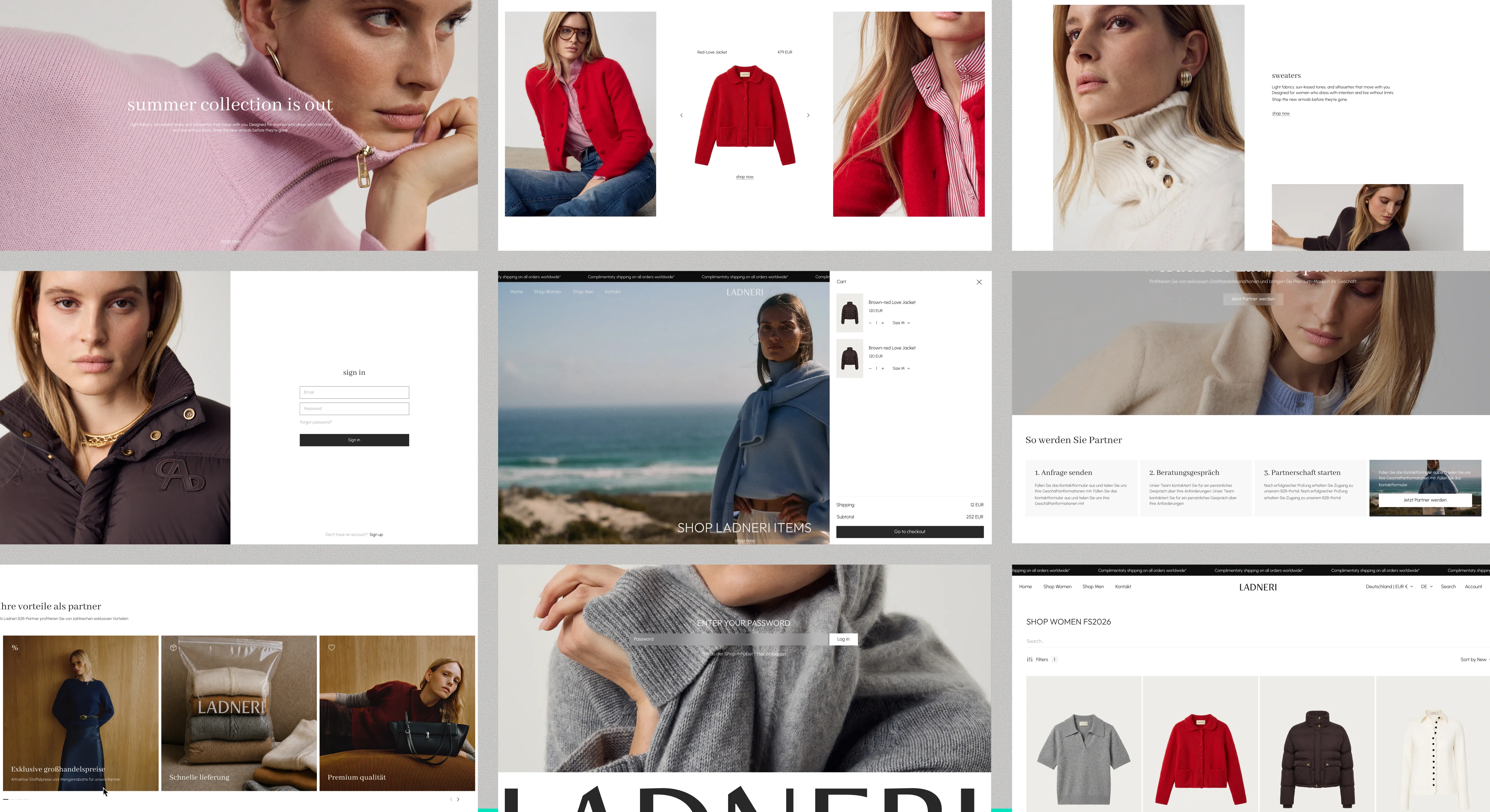 Overview of the Ladneri pages — the “Summer collection is out” banner, a product page, sign-in, the cart, the “So werden Sie Partner” partner programme and the “Shop women fs2026” catalogue