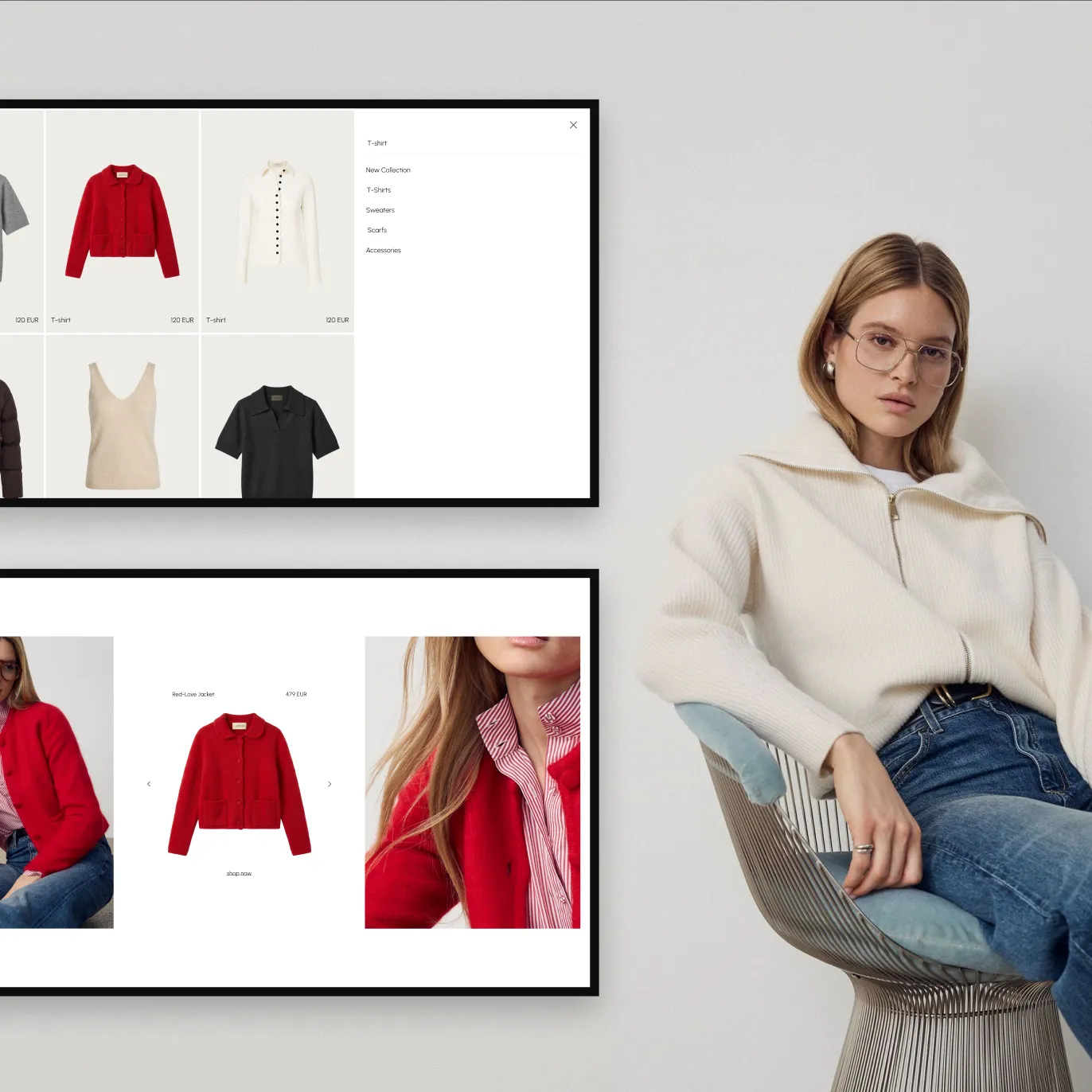 Ladneri catalogue menu and product page for a red wool jacket, beside a model in a cream zip-up knit