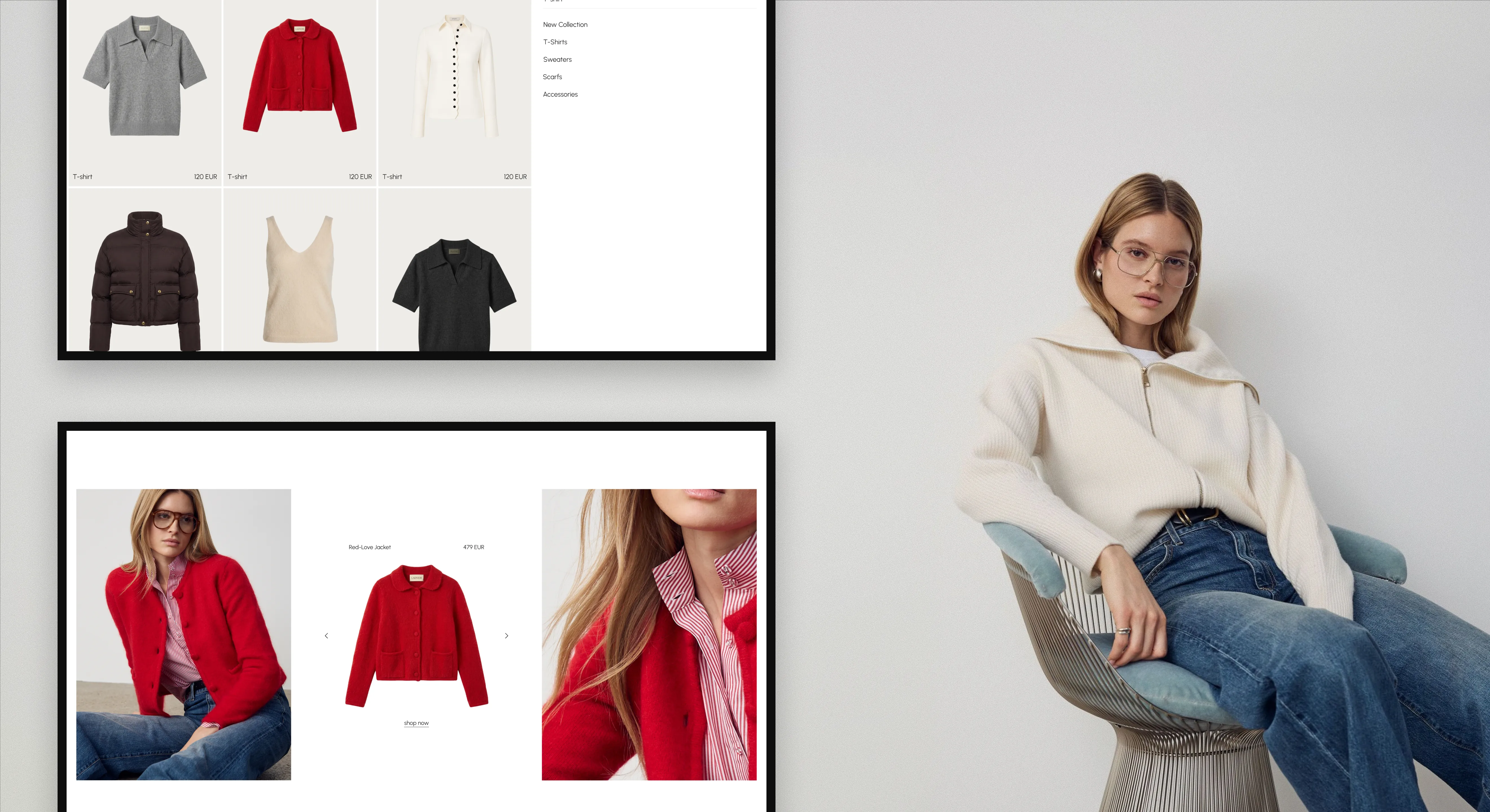 Ladneri catalogue menu and product page for a red wool jacket, beside a model in a cream zip-up knit