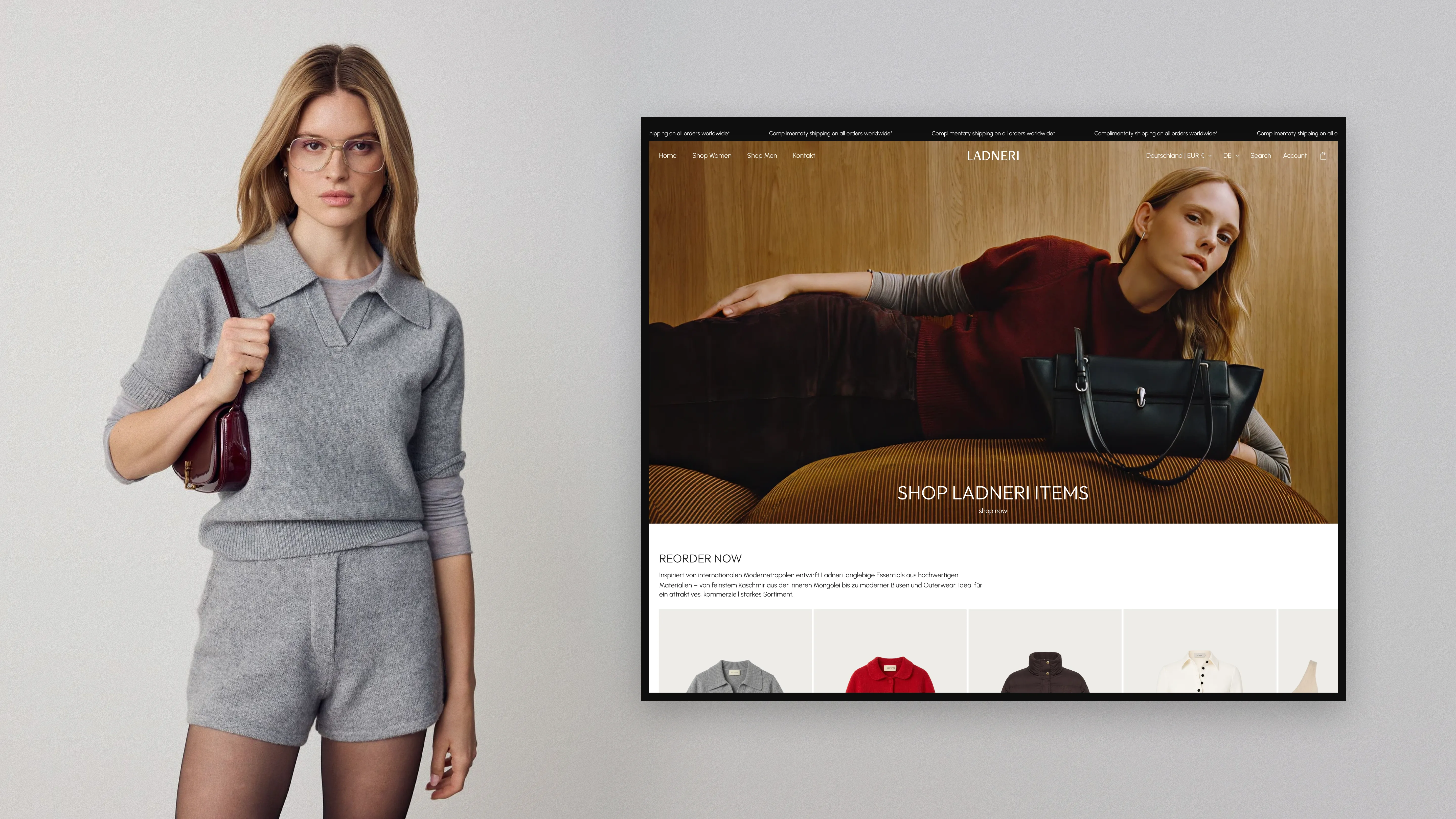 Ladneri online store home page with the “Shop Ladneri items” hero, next to a model in a grey knit set