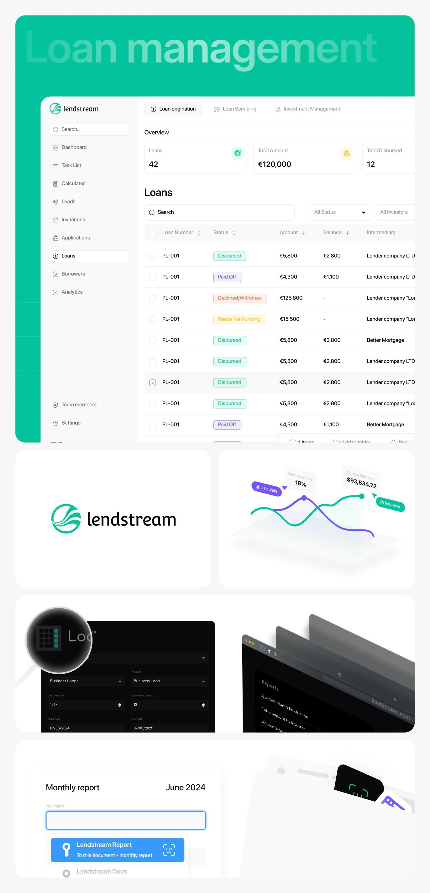 Lendstream paskolų valdymo valdymo skydelis ir ataskaitų ekranai