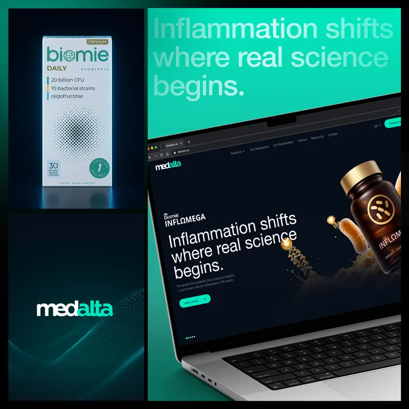 Medalta Biomie product packaging, brand mark and the Inflomega homepage
