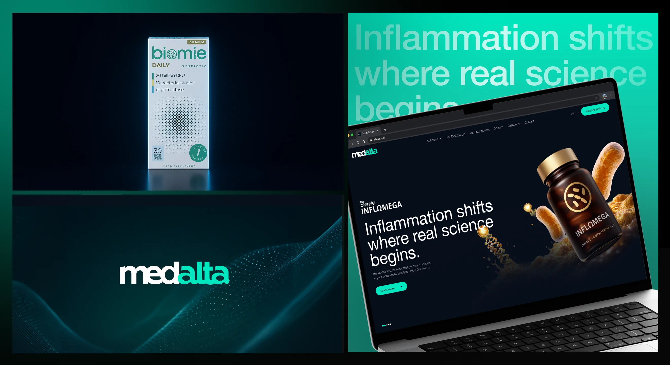 Medalta Biomie product packaging, brand mark and the Inflomega homepage