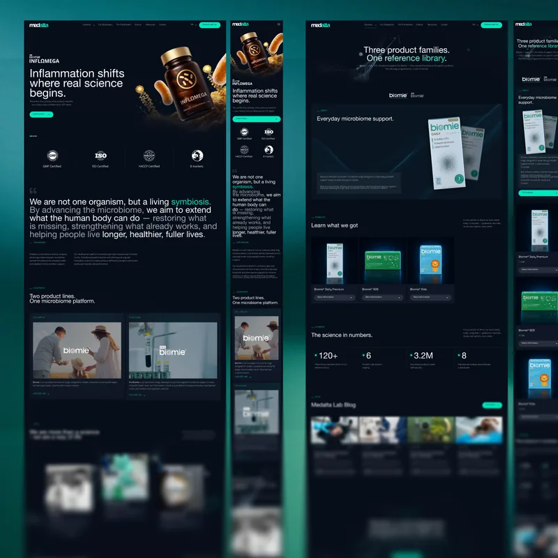 Medalta Inflomega and Biomie product pages on desktop and mobile