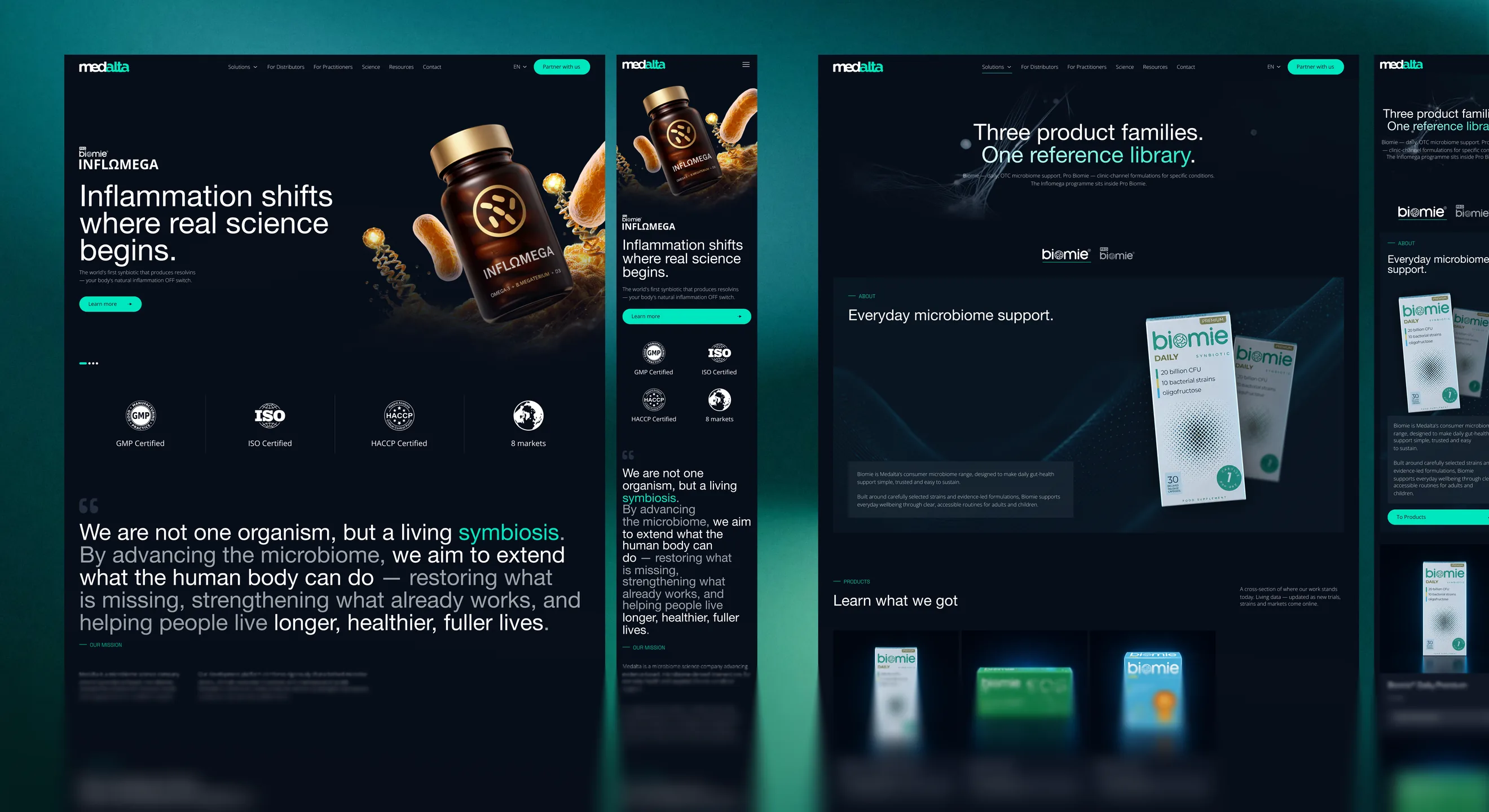 Medalta Inflomega and Biomie product pages on desktop and mobile