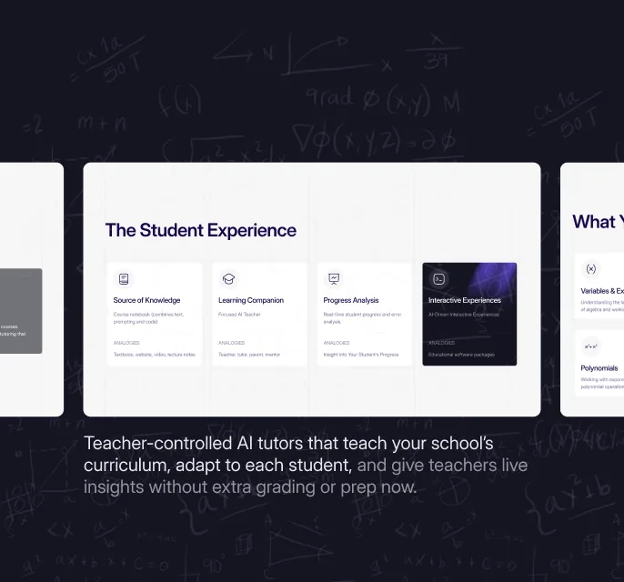 Teacher-controlled AI tutors that teach your school’s curriculum, adapt to each student, and give teachers live insights without extra grading or prep now.