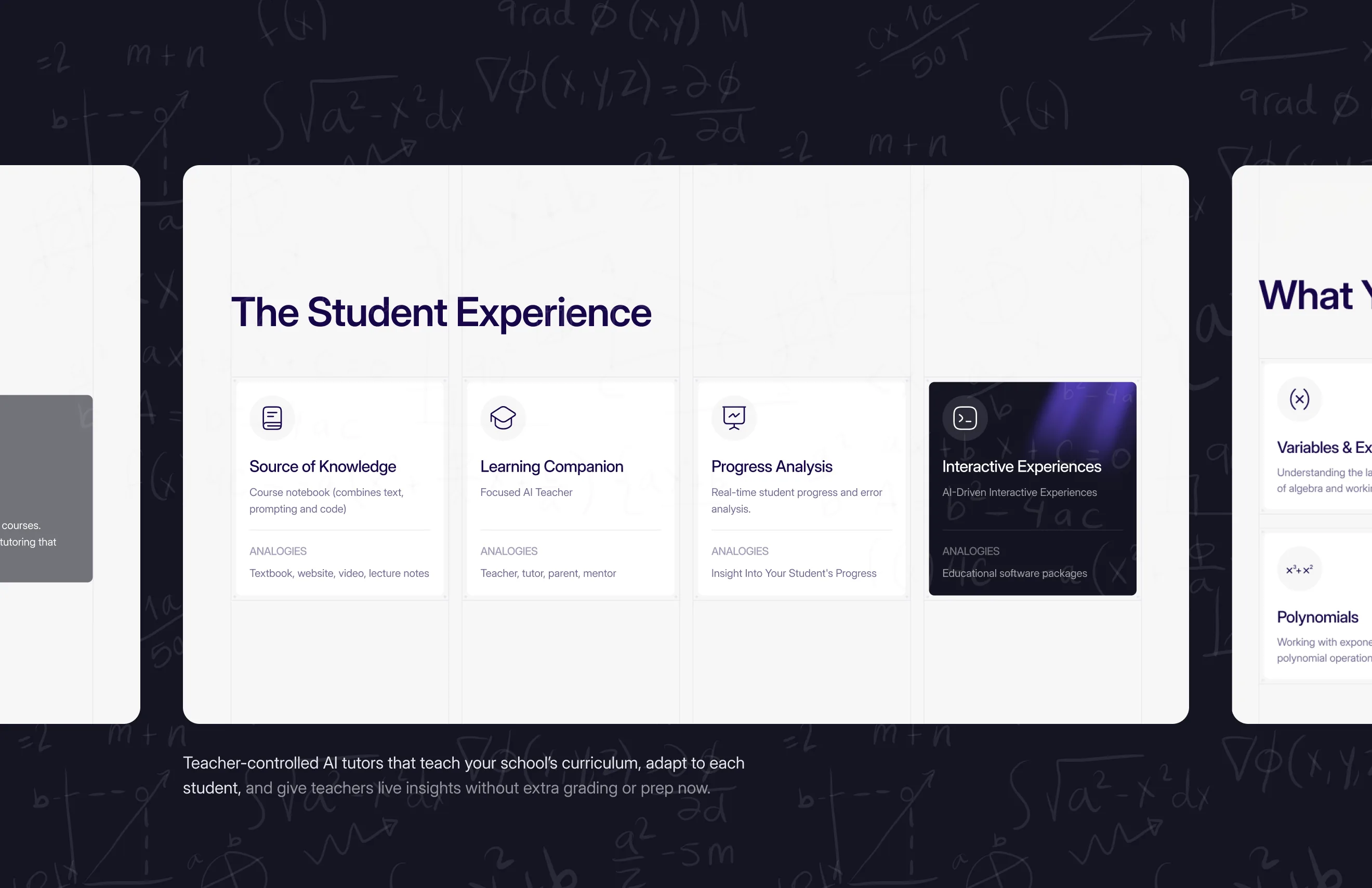 Teacher-controlled AI tutors that teach your school’s curriculum, adapt to each student, and give teachers live insights without extra grading or prep now.